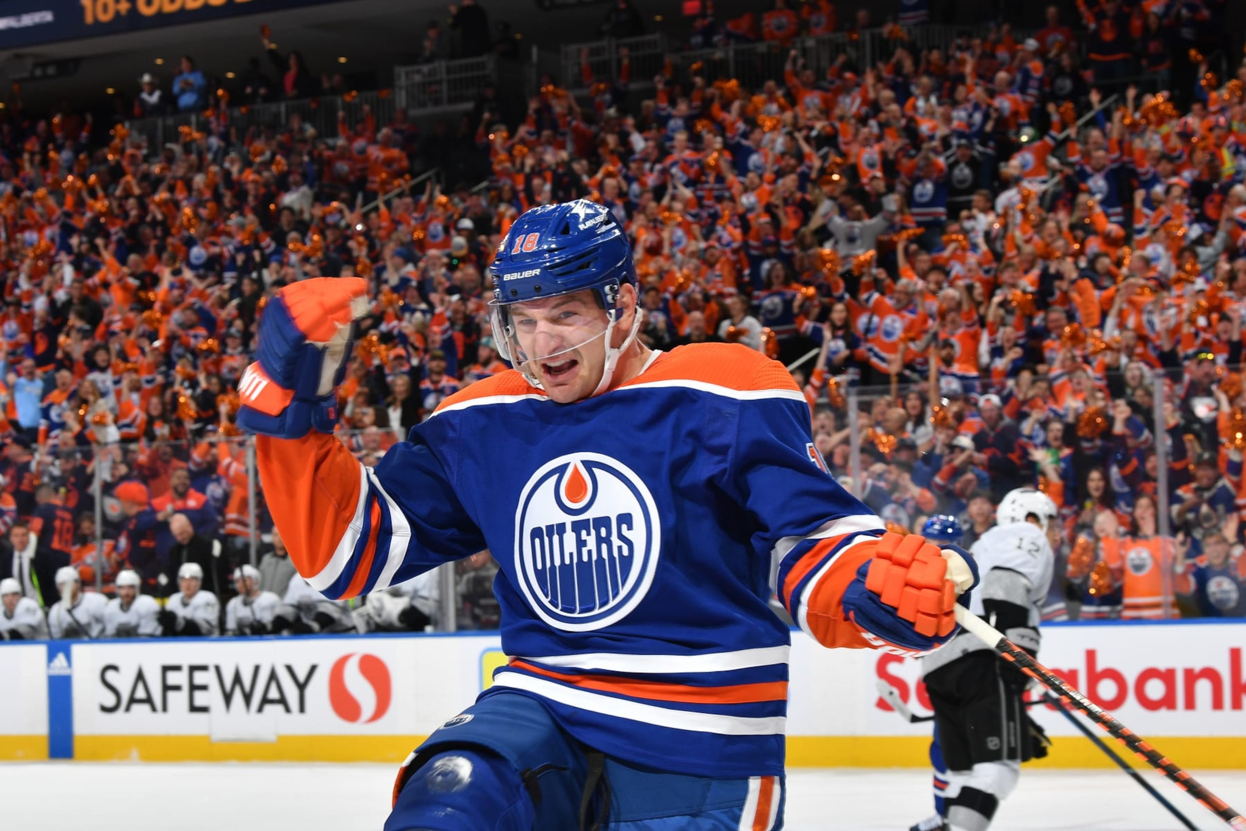 EDMONTON, CANADA - APRIL 22: Zach Hyman #18 of the Edmonton Oilers celebrates his first-period goal against the Los Angeles Kings in Game One of the First Round of the 2024 Stanley Cup Playoffs at Rogers Place on April 22, 2024, in Edmonton, Alberta, Canada. (Photo by Andy Devlin/NHLI via Getty Images)