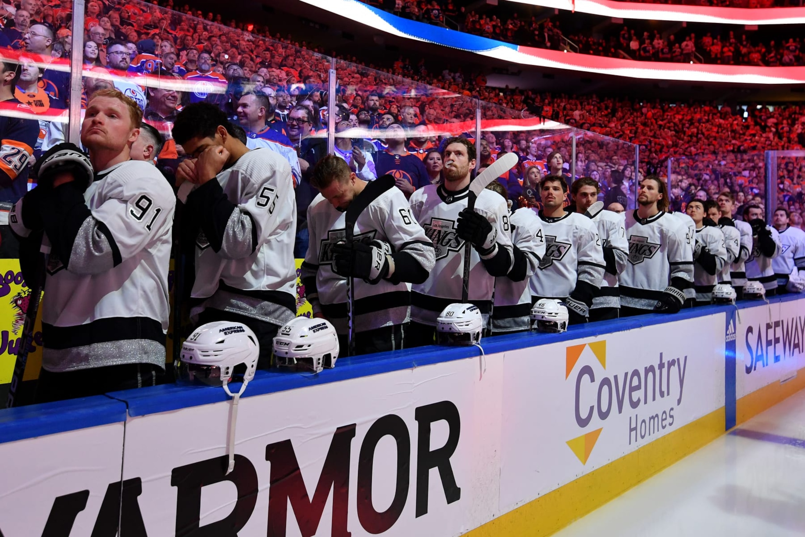 EDMONTON, CANADA - APRIL 22: The Los Angeles Kings stand for the playing of the national anthem before Game One of the First Round of the 2024 Stanley Cup Playoffs against the Edmonton Oilers at Rogers Place on April 22, 2024, in Edmonton, Alberta, Canada. (Photo by Andy Devlin/NHLI via Getty Images)