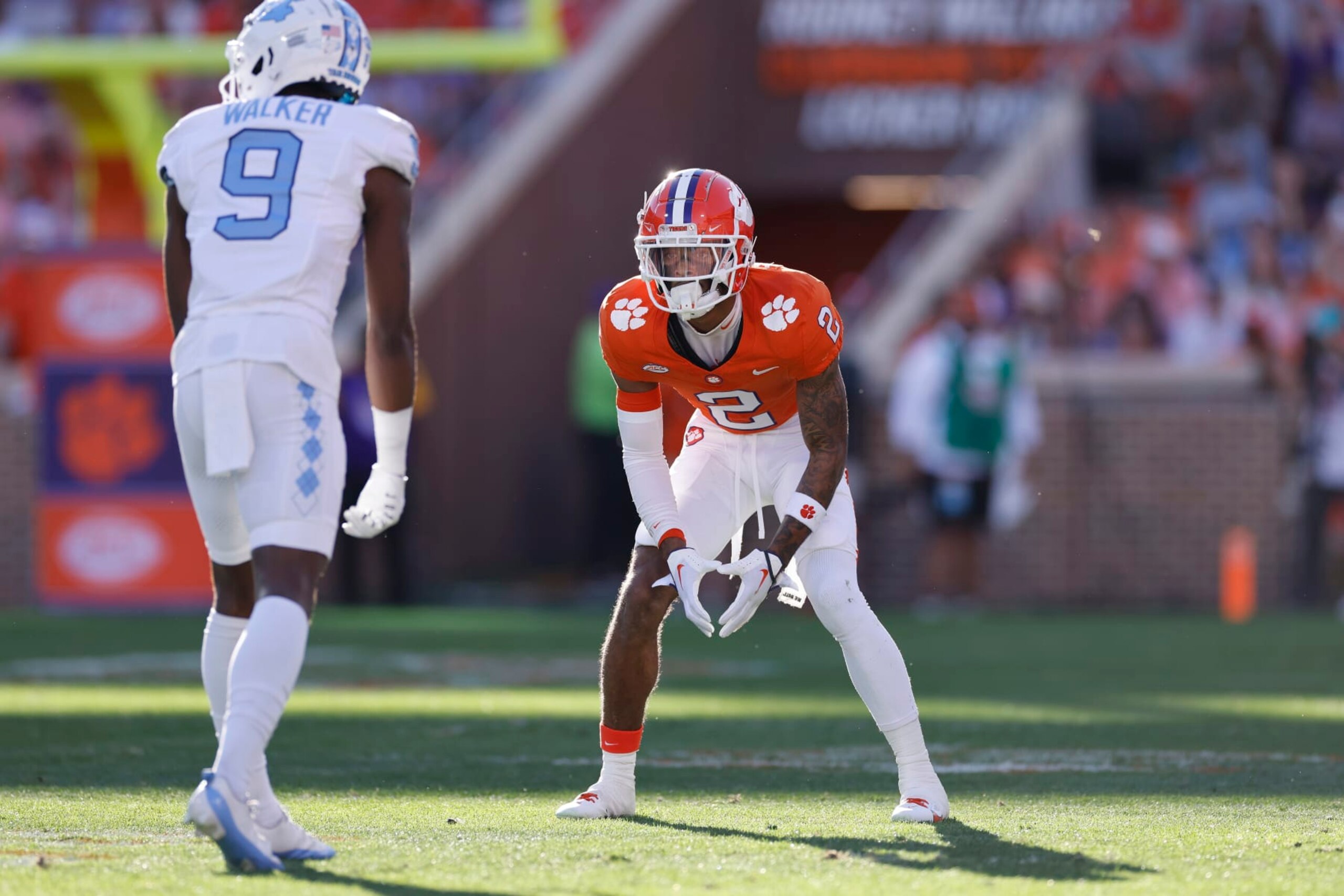 CLEMSON, SC - NOVEMBER 18: Clemson Tigers cornerback Nate Wiggins (2) lines up on defense during a college football game against the North Carolina Tar Heels on November 18, 2023 at Memorial Stadium in Clemson, South Carolina. (Photo by Joe Robbins/Icon Sportswire via Getty Images)