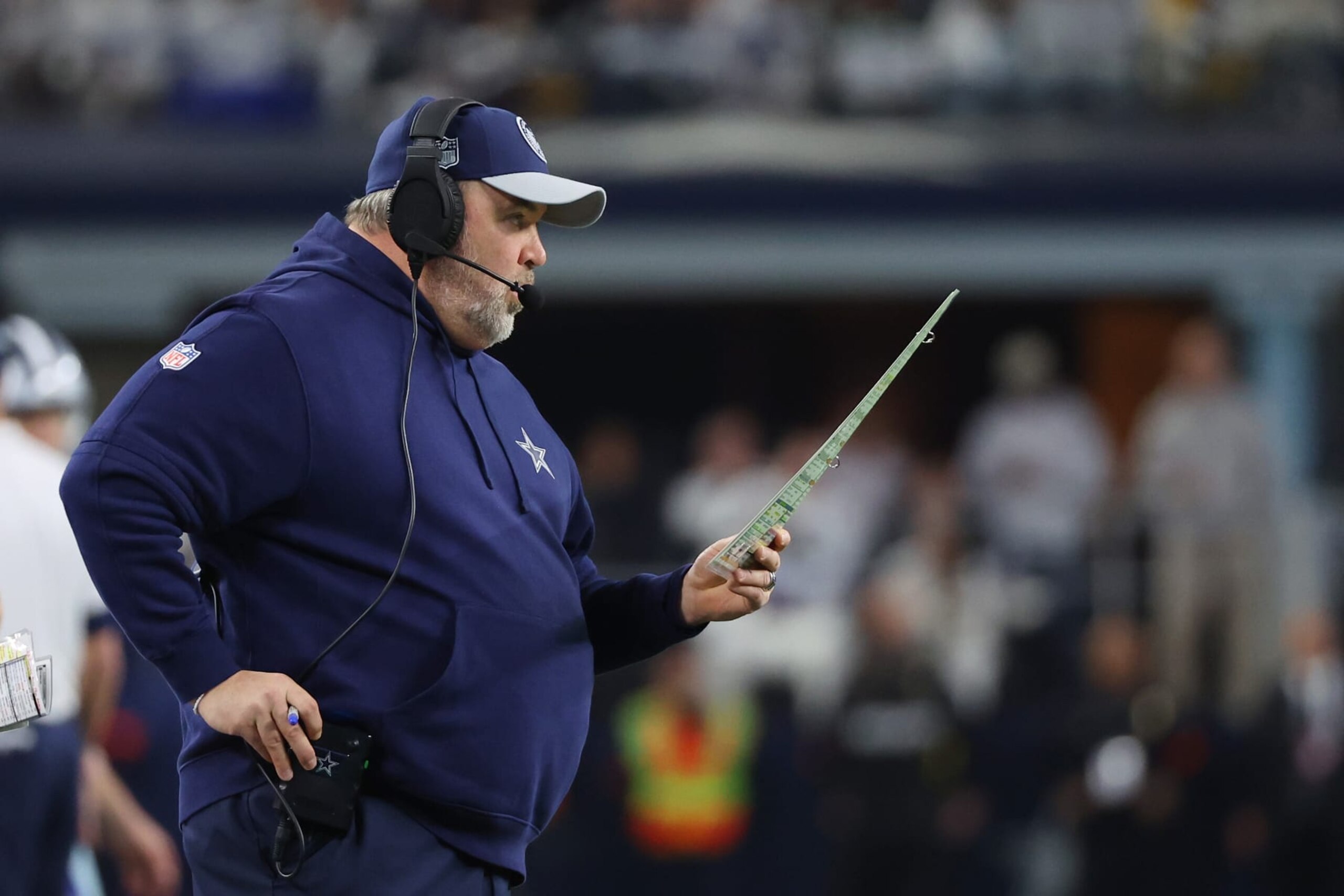 ARLINGTON, TEXAS - JANUARY 14: Head coach Mike McCarthy of the Dallas Cowboys watches action during the first half of the NFC Wild Card Playoff game against the Green Bay Packers at AT&T Stadium on January 14, 2024 in Arlington, Texas. (Photo by Richard Rodriguez/Getty Images)