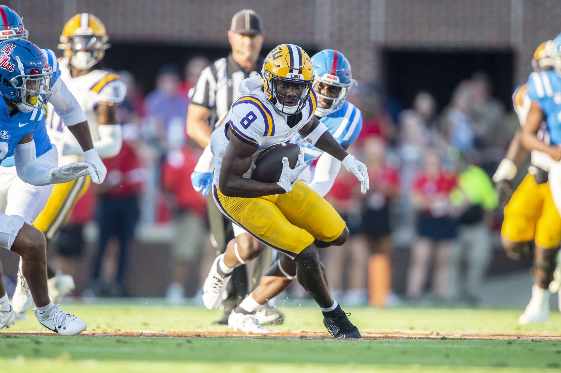 OXFORD, MISSISSIPPI - SEPTEMBER 30: wide receiver Malik Nabers #8 of the LSU Tigers during their game against the Mississippi Rebels at Vaught-Hemingway Stadium on September 30, 2023 in Oxford, Mississippi. (Photo by Michael Chang/Getty Images)