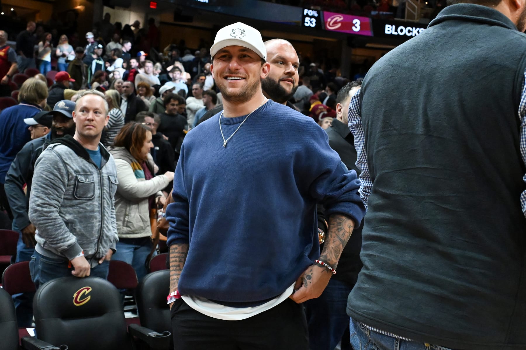 CLEVELAND, OHIO - APRIL 12: Former NFL quarterback Johnny Manziel looks on after the Cleveland Cavaliers 129-120 win over the Indiana Pacers at Rocket Mortgage Fieldhouse on April 12, 2024 in Cleveland, Ohio. NOTE TO USER: User expressly acknowledges and agrees that, by downloading and or using this photograph, User is consenting to the terms and conditions of the Getty Images License Agreement. (Photo by Nick Cammett/Getty Images)