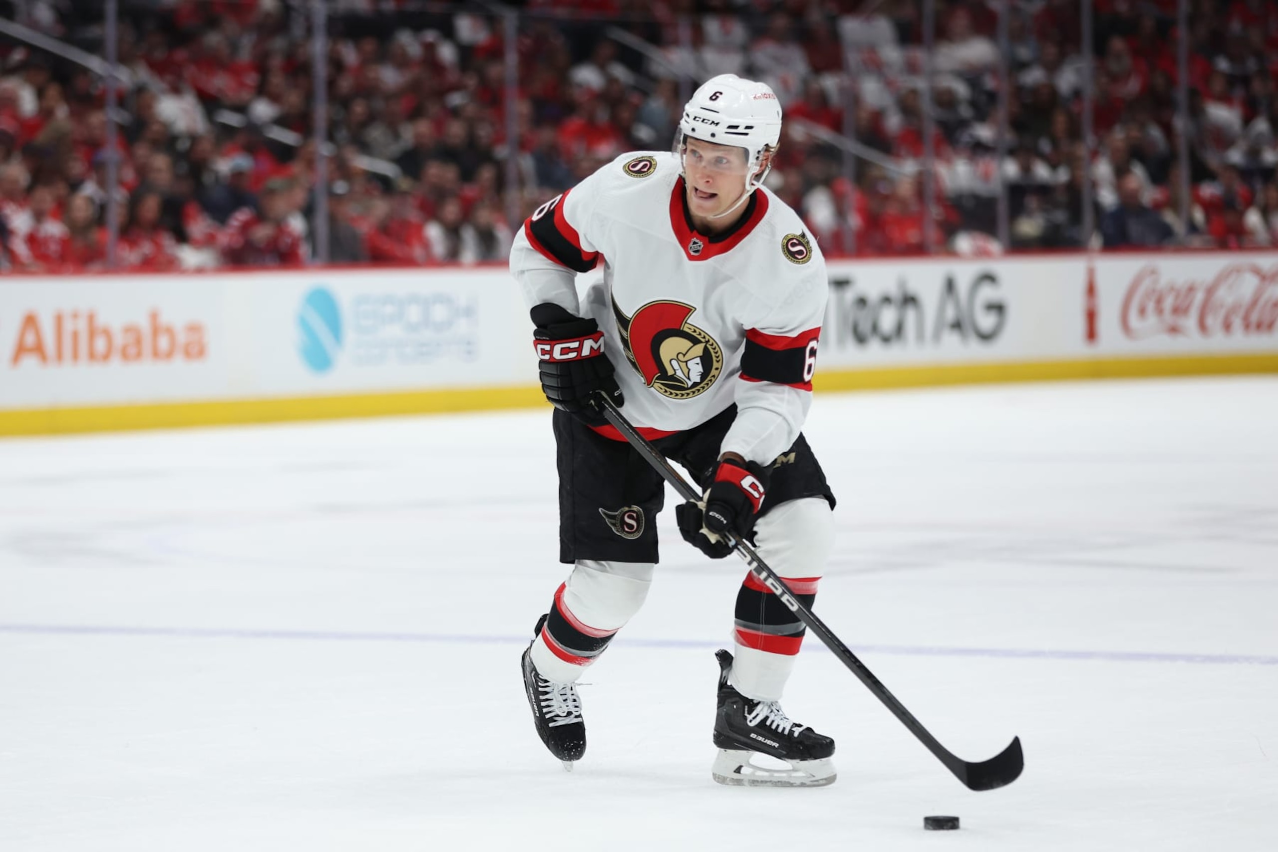 WASHINGTON, DC - APRIL 07: Jakob Chychrun #6 of the Ottawa Senators skates against the Washington Capitals during the first period at Capital One Arena on April 07, 2024 in Washington, DC. (Photo by Patrick Smith/Getty Images)