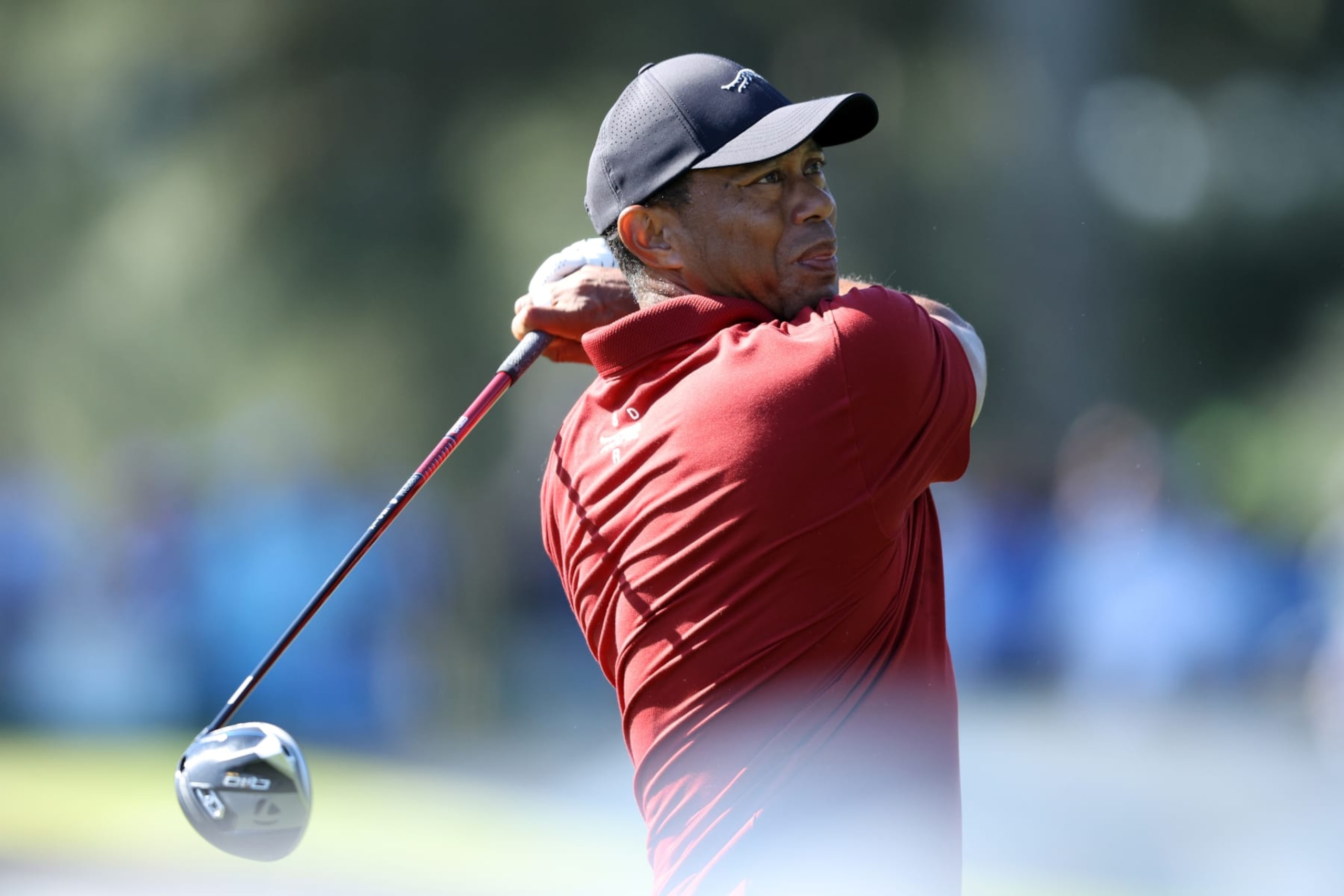 AUGUSTA, GEORGIA - APRIL 14: Tiger Woods of the United States plays his shot from the third tee during the final round of the 2024 Masters Tournament at Augusta National Golf Club on April 14, 2024 in Augusta, Georgia. (Photo by Warren Little/Getty Images)