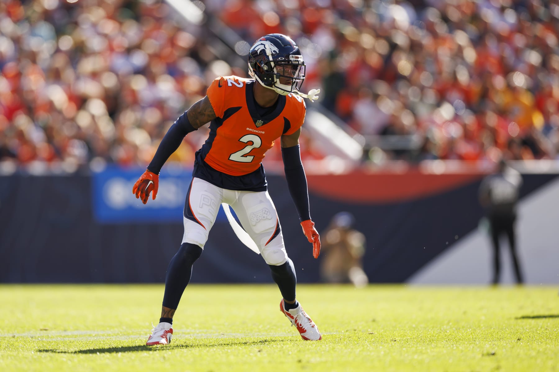DENVER, COLORADO - OCTOBER 22: Pat Surtain II #2 of the Denver Broncos defends in coverage during an NFL football game against the Green Bay Packers at Empower Field At Mile High on October 22, 2023 in Denver, Colorado. (Photo by Ryan Kang/Getty Images)