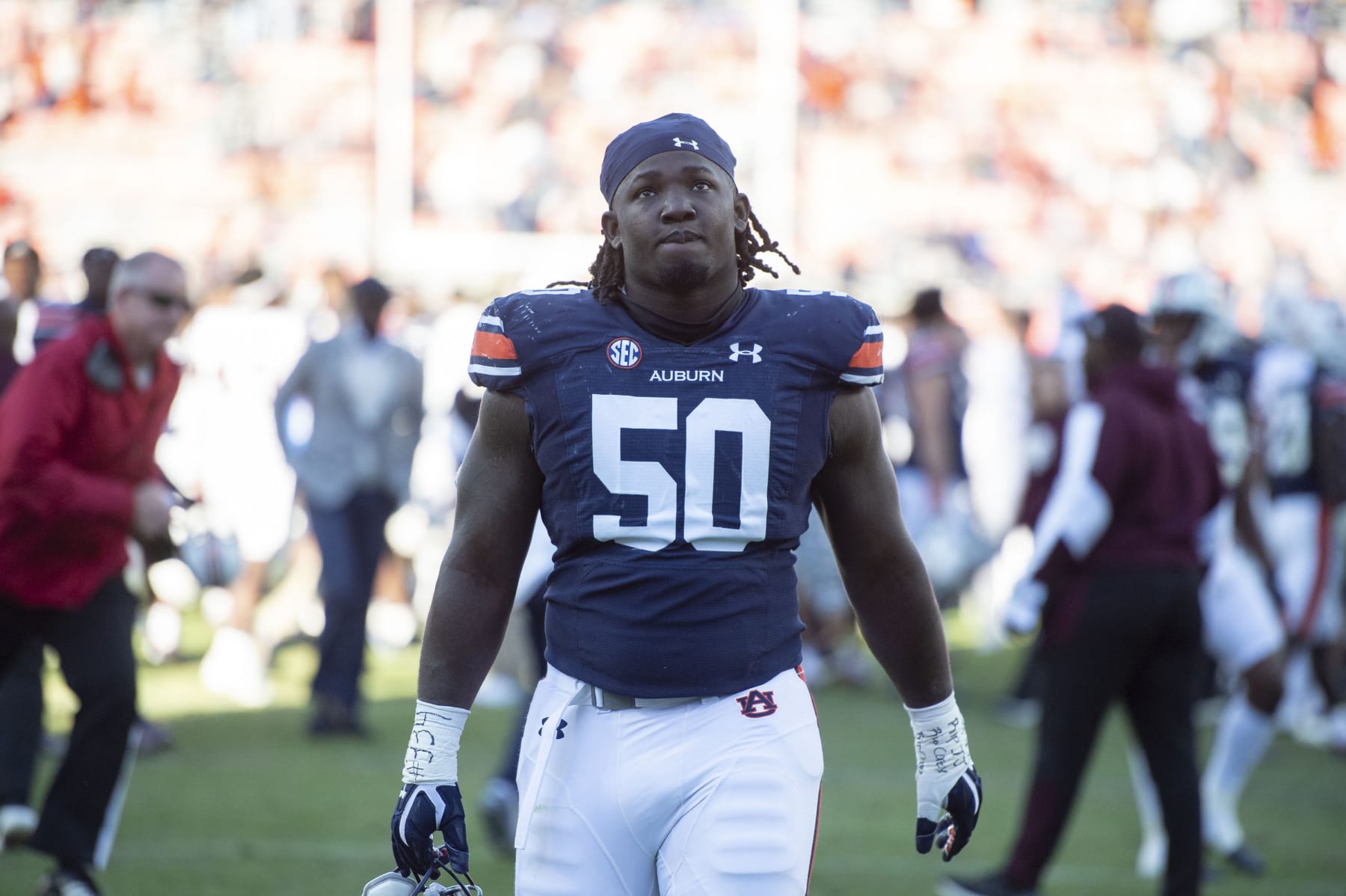 AUBURN, ALABAMA - NOVEMBER 13: Defensive lineman Marcus Harris #50 of the Auburn Tigers after their game against the Mississippi State Bulldogs at Jordan-Hare Stadium on November 13, 2021 in Auburn, Alabama. (Photo by Michael Chang/Getty Images)