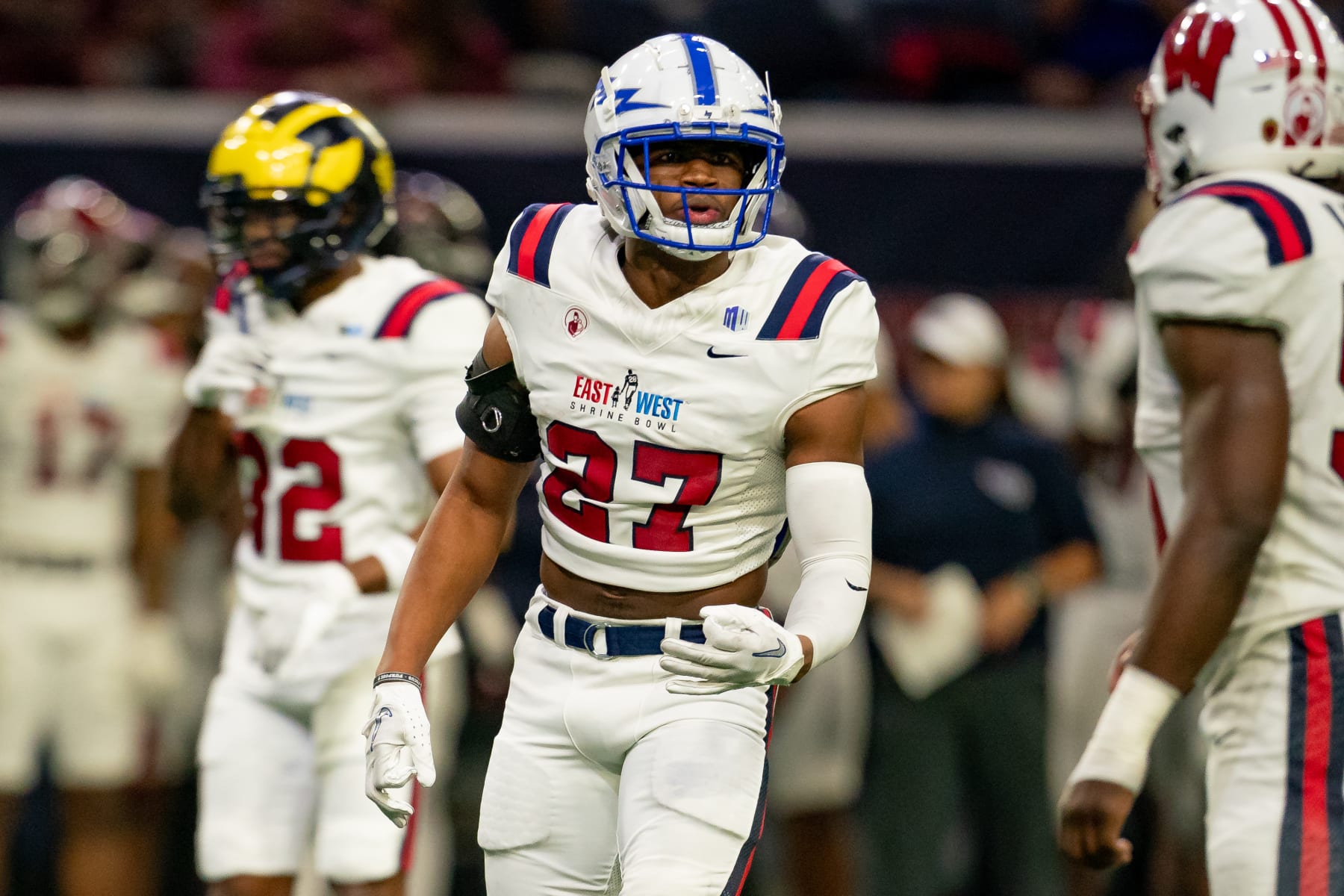 FRISCO, TX - FEBRUARY 01: East Team safety Trey Taylor (27) of Air Force gets the defense set during the East-West Shrine Bowl game on February 1, 2024 at the Ford Center at the star in Frisco, TX. (Photo by Chris Leduc/Icon Sportswire via Getty Images)