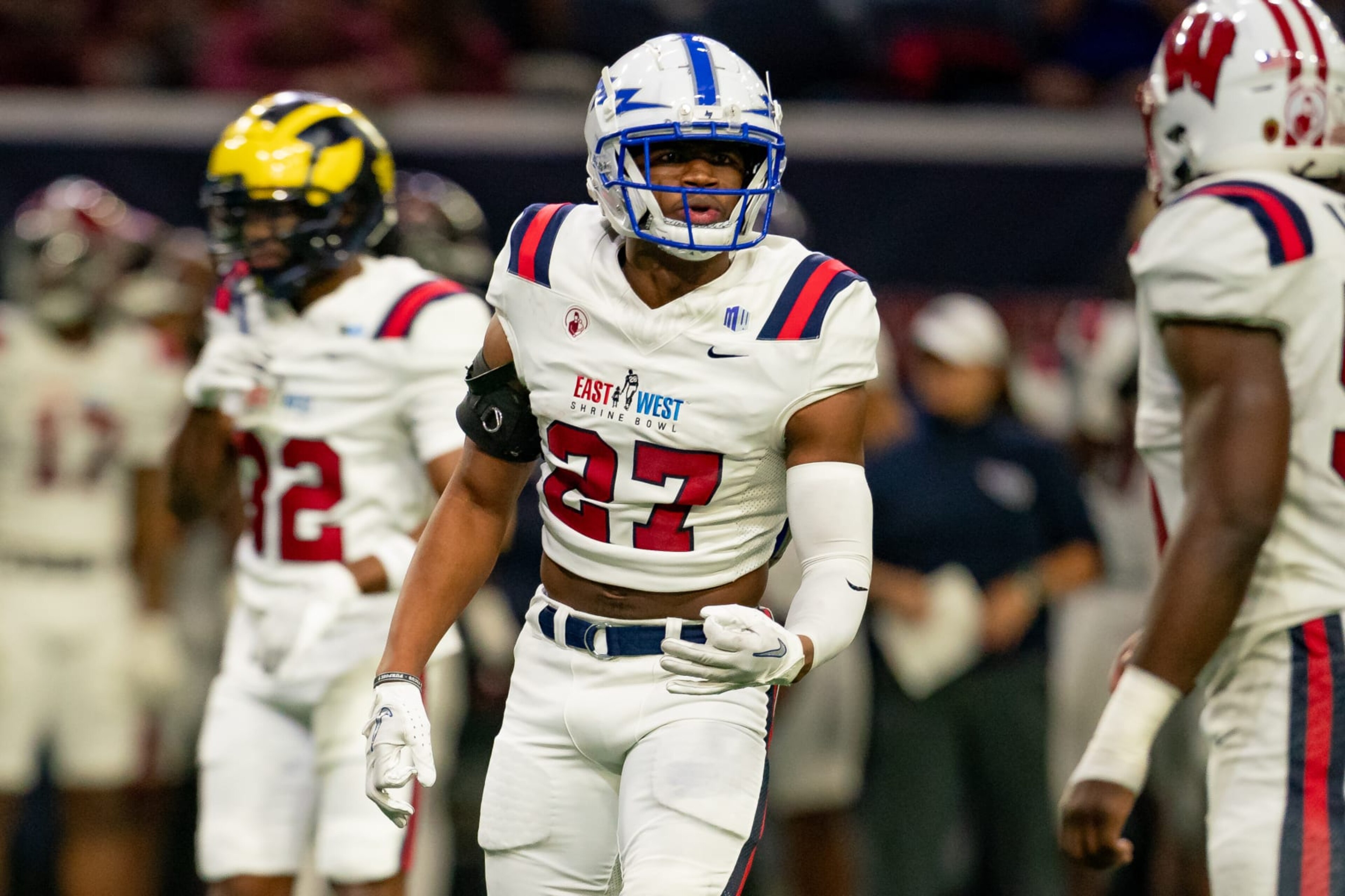 FRISCO, TX - FEBRUARY 01: East Team safety Trey Taylor (27) of Air Force gets the defense set during the East-West Shrine Bowl game on February 1, 2024 at the Ford Center at the star in Frisco, TX. (Photo by Chris Leduc/Icon Sportswire via Getty Images)