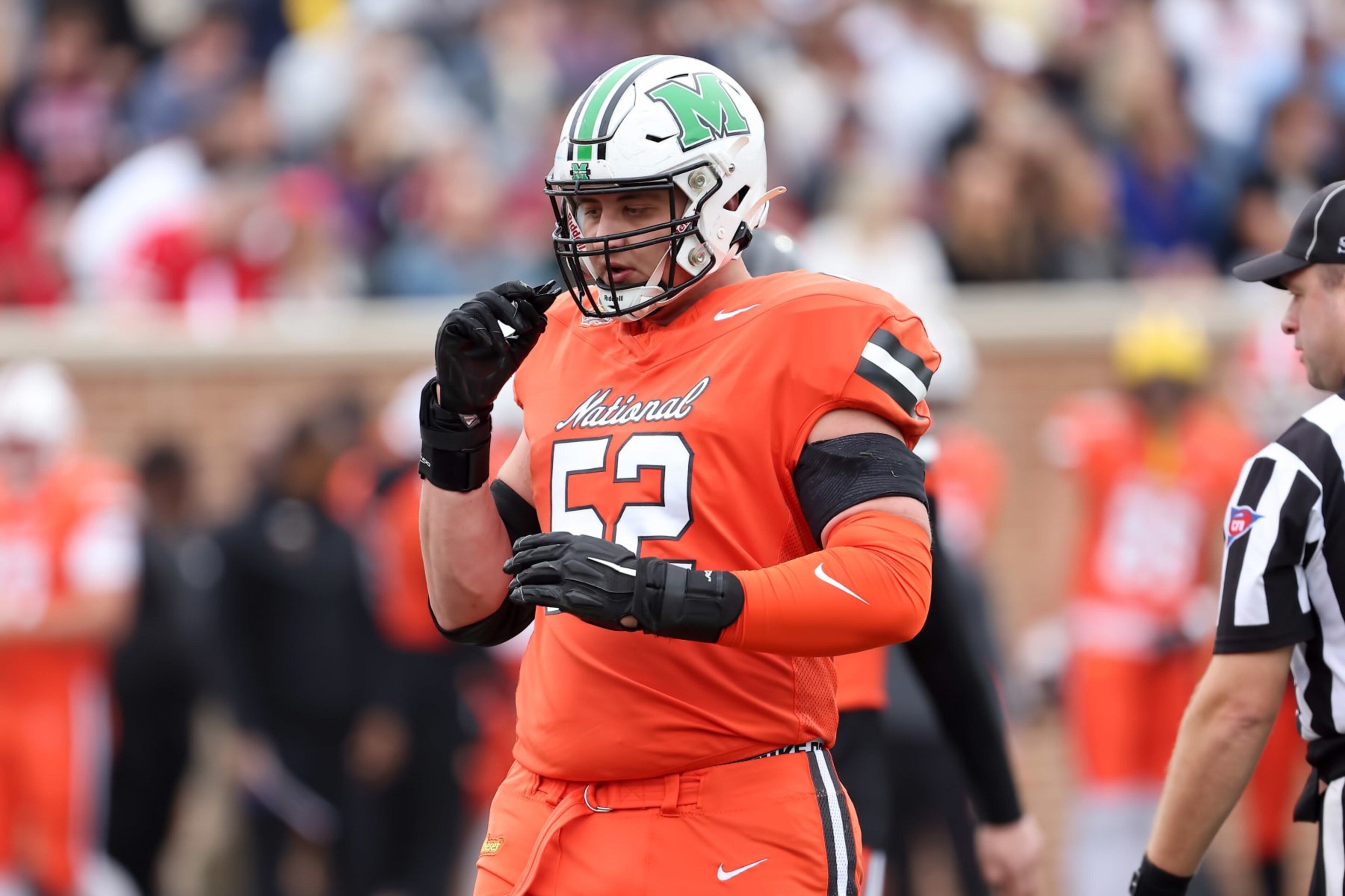 MOBILE, AL - FEBRUARY 03: National offensive lineman Ethan Driskell of Marshall (52) during the 2024 Reese's Senior Bowl on February 3, 2024 at Hancock Whitney Stadium in Mobile, Alabama.  (Photo by Michael Wade/Icon Sportswire via Getty Images)