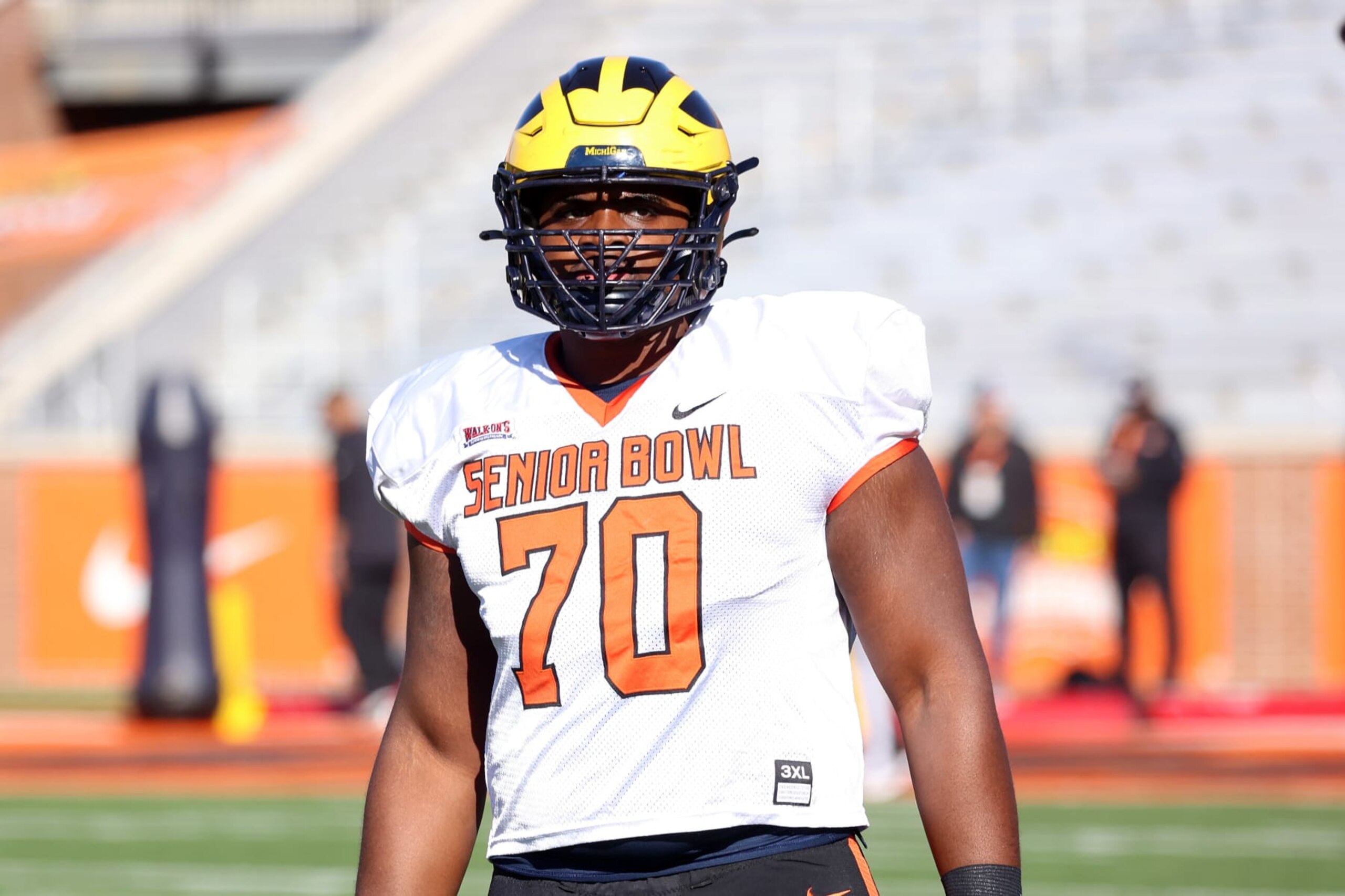 MOBILE, AL - JANUARY 31: National offensive lineman Ladarius Henderson of Michigan (70) during the National team practice for the Reese's Senior Bowl on January 31, 2024 at Hancock Whitney Stadium in Mobile, Alabama.  (Photo by Michael Wade/Icon Sportswire via Getty Images)