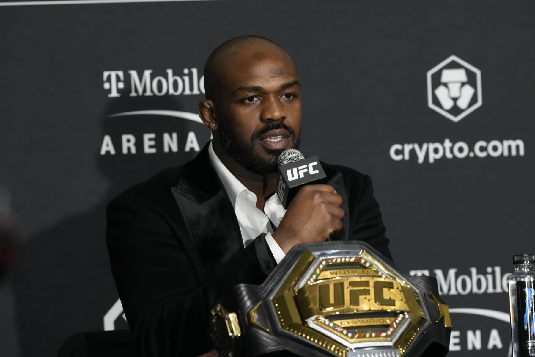 LAS VEGAS, NV - March 5: Jon Jones meets with the media following his win over Cyril Gane at T-Mobile Arena for UFC 285 -Jones vs Gane : Event on March 5, 2023 in Las Vegas, NV, United States.(Photo by Louis Grasse/PxImages/Icon Sportswire via Getty Images)