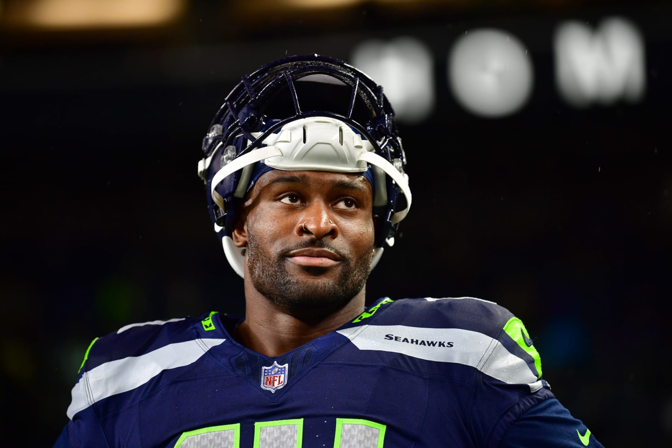 SEATTLE, WASHINGTON - DECEMBER 18: DK Metcalf #14 of the Seattle Seahawks looks on before a game against the Philadelphia Eagles at Lumen Field on December 18, 2023 in Seattle, Washington. (Photo by Jane Gershovich/Getty Images) SEATTLE, WASHINGTON - DECEMBER 18: DK Metcalf #14 of the Seattle Seahawks looks on before a game against the Philadelphia Eagles at Lumen Field on December 18, 2023 in Seattle, Washington. (Photo by Jane Gershovich/Getty Images)