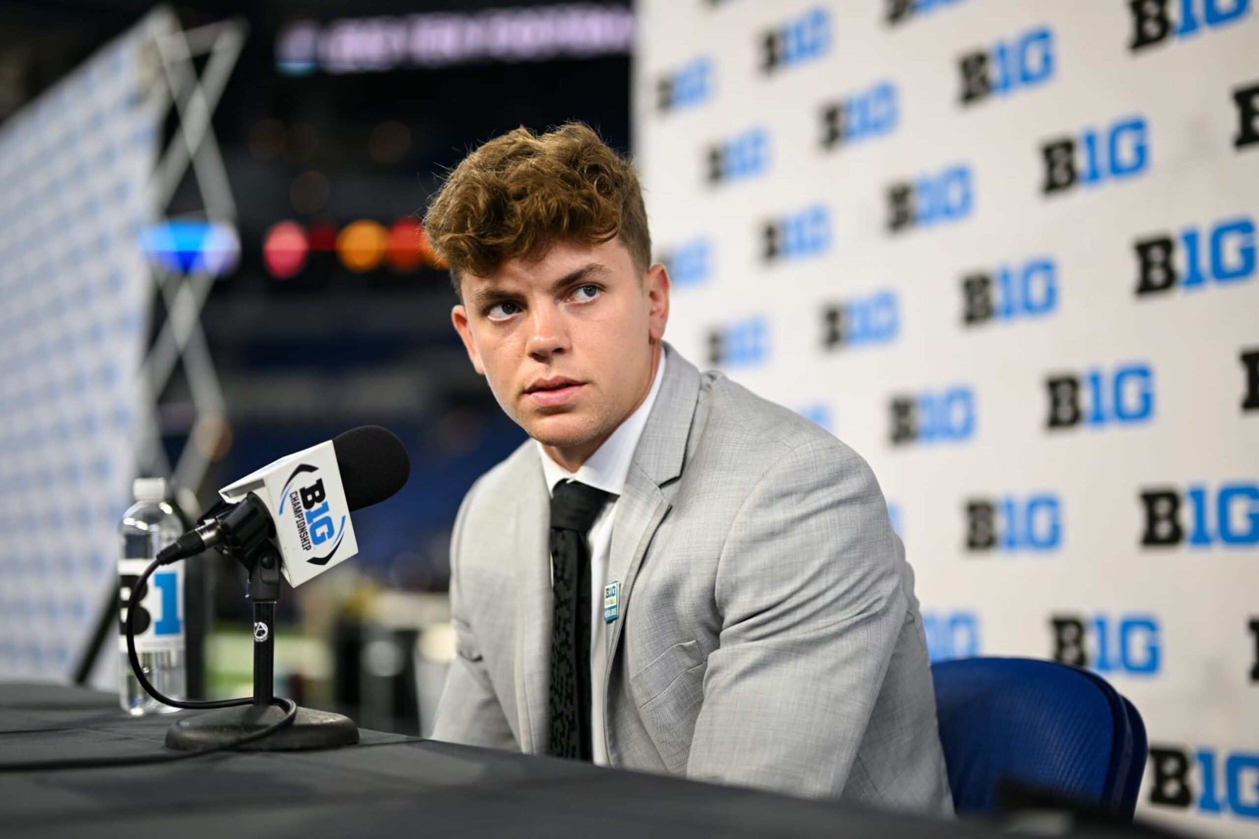 INDIANAPOLIS, IN - JULY 26: Iowa Hawkeyes Jr. Defensive Back Cooper DeJean during the Big Ten Conference Media Days on July 26, 2023 at Lucas Oil Stadium in Indianapolis, IN (Photo by James Black/Icon Sportswire via Getty Images)