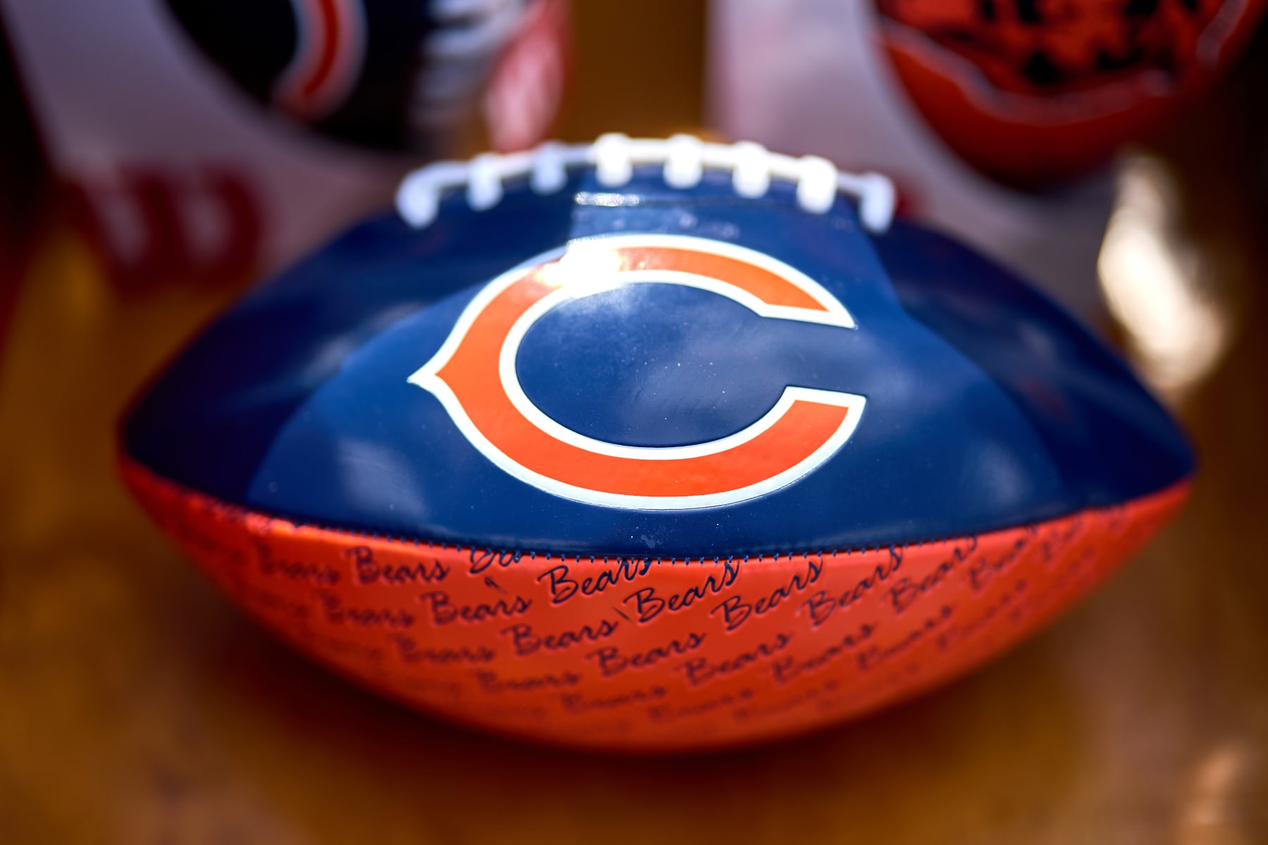 LAKE FOREST, IL - JULY 30: A detail view of the Chicago Bears logo is seen on a football during the the Chicago Bears Training Camp on July 30, 2022 at Halas Hall in Lake Forest, IL. (Photo by Robin Alam/Icon Sportswire via Getty Images)