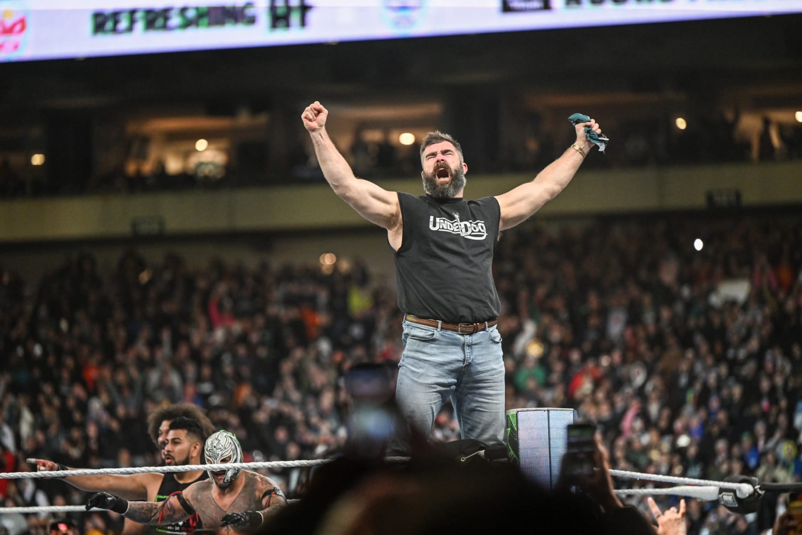 PHILADELPHIA, PENNSYLVANIA - APRIL 6: Jason Kelce celebrates in ring during Night One of WrestleMania 40 at Lincoln Financial Field on April 6, 2024 in Philadelphia, Pennsylvania. (Photo by WWE/Getty Images) PHILADELPHIA, PENNSYLVANIA - APRIL 6: Jason Kelce celebrates in ring during Night One of WrestleMania 40 at Lincoln Financial Field on April 6, 2024 in Philadelphia, Pennsylvania. (Photo by WWE/Getty Images)