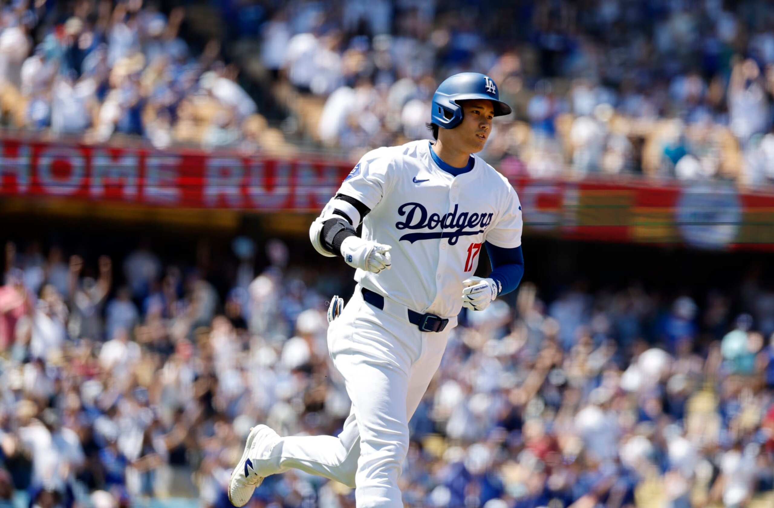 LOS ANGELES, CALIFORNIA - APRIL 21: Shohei Ohtani #17 of the Los Angeles Dodgers celebrate runs the bases after hitting a two run home run against pitcher Adrian Houser #35 of the New York Mets during the third inning at Dodger Stadium for his 176th career home run on April 21, 2024 in Los Angeles, California. Ohtani's 176th home run, broke a tie with Hideki Matsui for most by a Japanese born player. (Photo by Kevork Djansezian/Getty Images) LOS ANGELES, CALIFORNIA - APRIL 21: Shohei Ohtani #17 of the Los Angeles Dodgers celebrate runs the bases after hitting a two run home run against pitcher Adrian Houser #35 of the New York Mets during the third inning at Dodger Stadium for his 176th career home run on April 21, 2024 in Los Angeles, California. Ohtani's 176th home run, broke a tie with Hideki Matsui for most by a Japanese born player. (Photo by Kevork Djansezian/Getty Images)