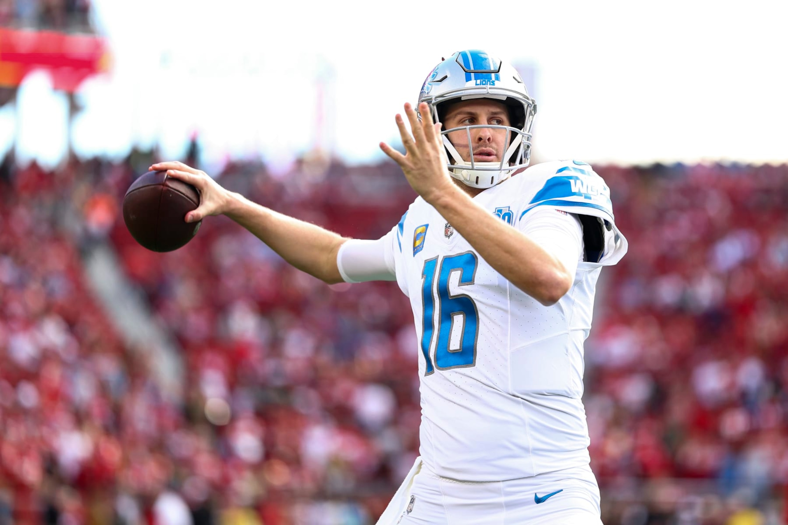 SANTA CLARA, CA - JANUARY 28: Jared Goff #16 of the Detroit Lions warms up prior to the NFC Championship NFL football game against the San Francisco 49ers at Levi's Stadium on January 28, 2024 in Santa Clara, California. (Photo by Kevin Sabitus/Getty Images)