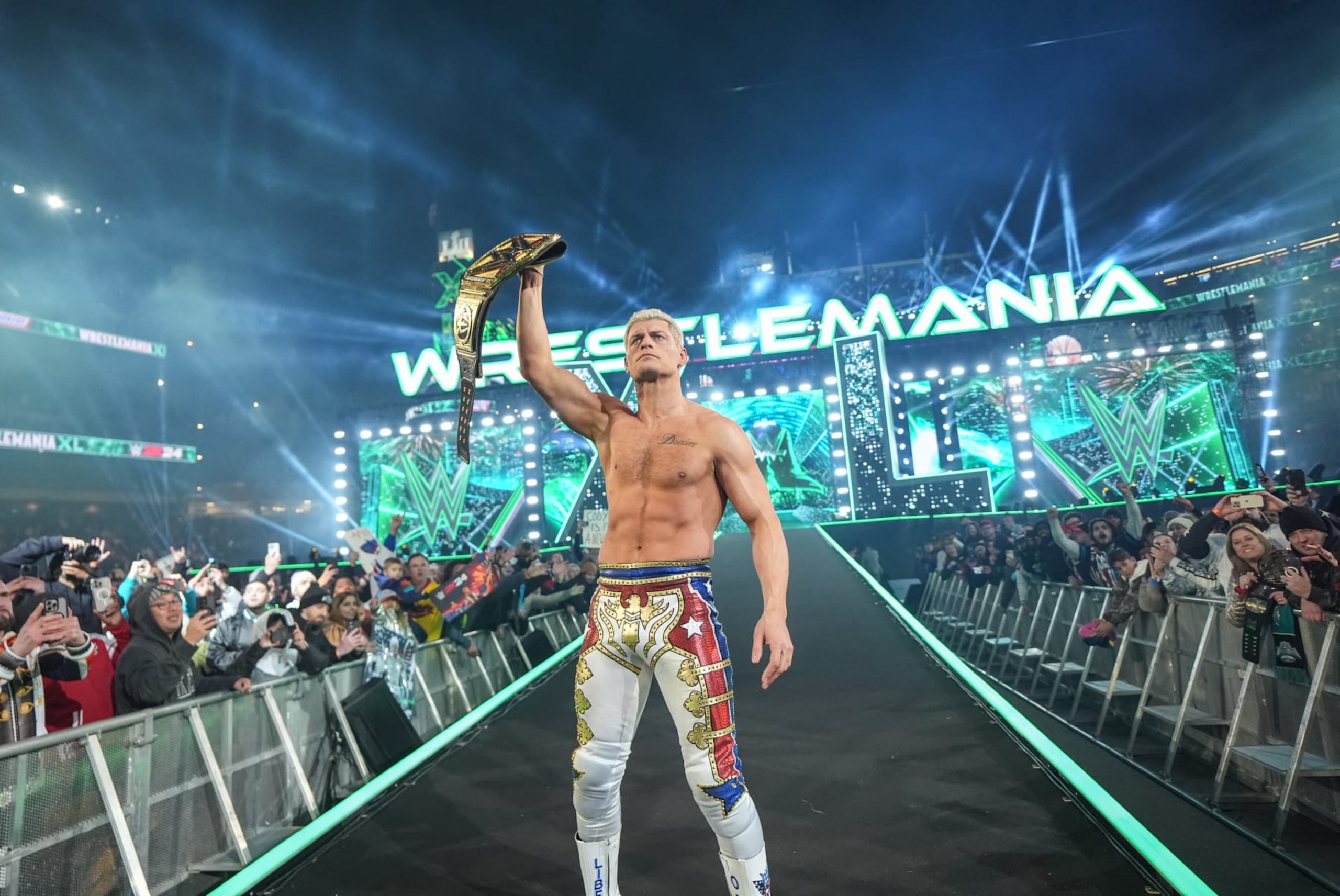 PHILADELPHIA, PENNSYLVANIA - APRIL 7: Cody Rhodes celebrates during Night Two of WrestleMania 40 at Lincoln Financial Field on April 7, 2024 in Philadelphia, Pennsylvania. (Photo by WWE/Getty Images)
