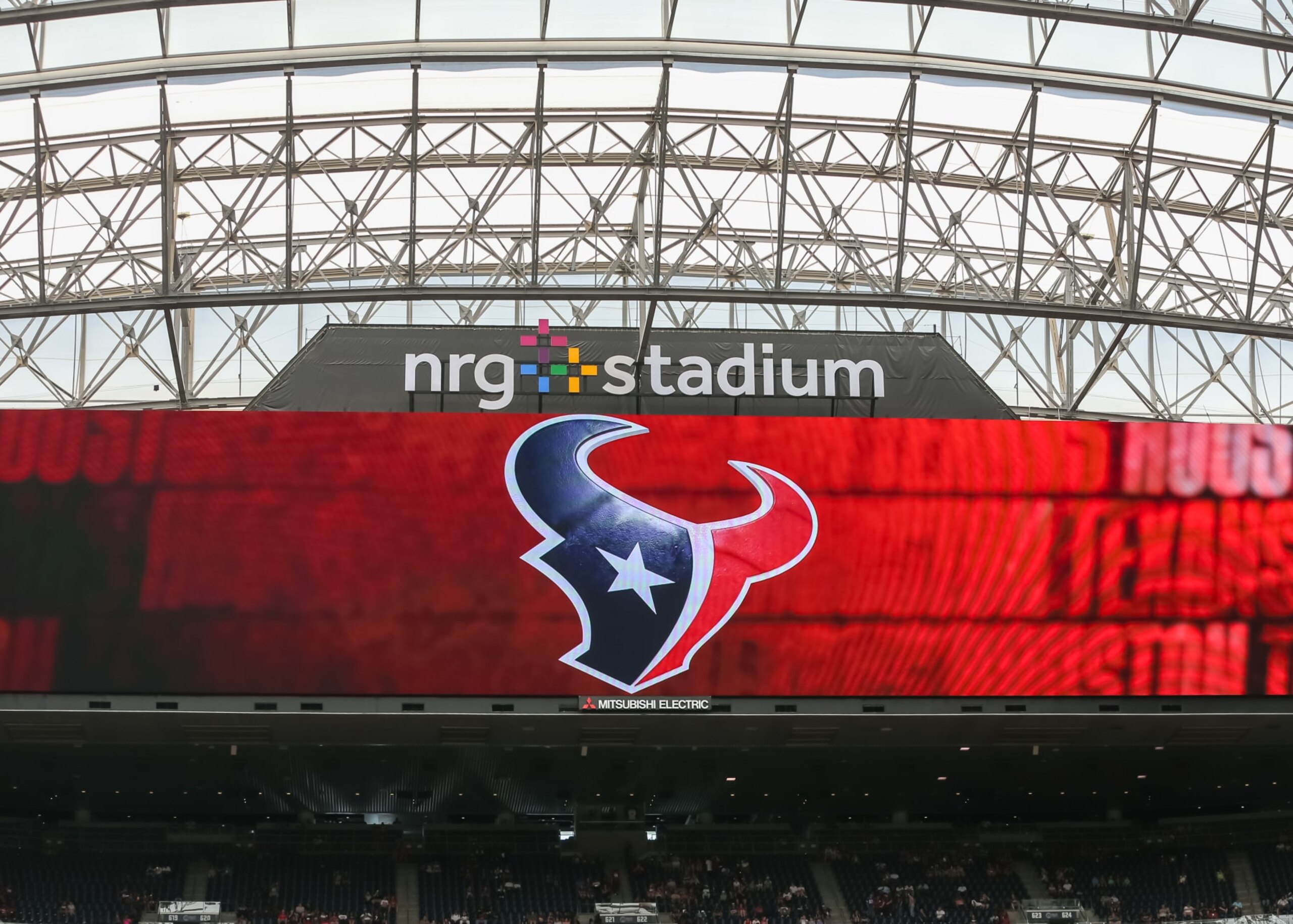 HOUSTON, TX - AUGUST 19: Large stadium digital signage displays the Houston Texans logo during the preseason NFL game between the Miami Dolphins and Houston Texans on August 19, 2023 at NRG Stadium in Houston, Texas. (Photo by Leslie Plaza Johnson/Icon Sportswire via Getty Images) HOUSTON, TX - AUGUST 19: Large stadium digital signage displays the Houston Texans logo during the preseason NFL game between the Miami Dolphins and Houston Texans on August 19, 2023 at NRG Stadium in Houston, Texas. (Photo by Leslie Plaza Johnson/Icon Sportswire via Getty Images)