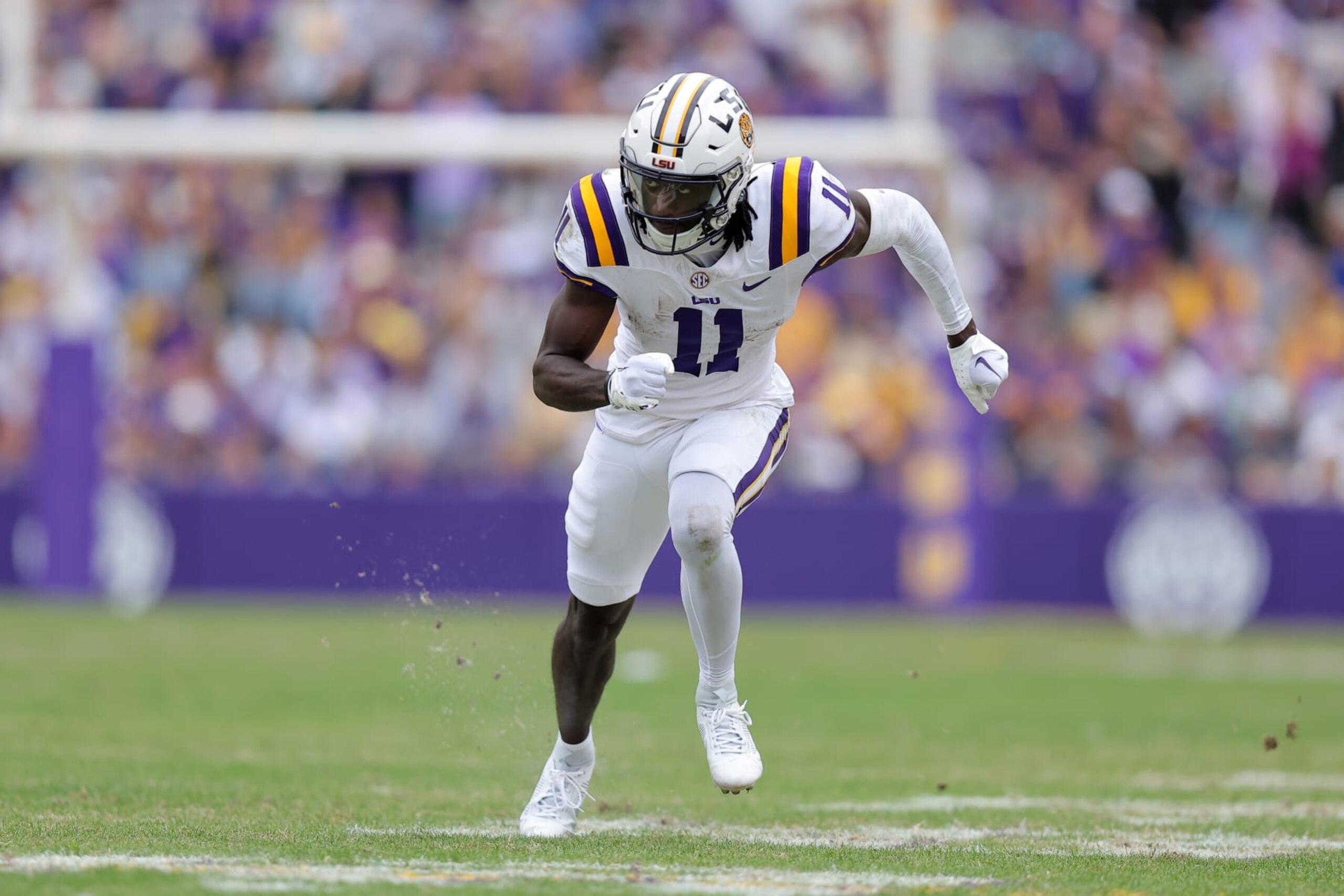 BATON ROUGE, LOUISIANA - NOVEMBER 25: Brian Thomas Jr. #11 of the LSU Tigers in action against the Texas A&M Aggies during a game at Tiger Stadium on November 25, 2023 in Baton Rouge, Louisiana. (Photo by Jonathan Bachman/Getty Images) BATON ROUGE, LOUISIANA - NOVEMBER 25: Brian Thomas Jr. #11 of the LSU Tigers in action against the Texas A&M Aggies during a game at Tiger Stadium on November 25, 2023 in Baton Rouge, Louisiana. (Photo by Jonathan Bachman/Getty Images)
