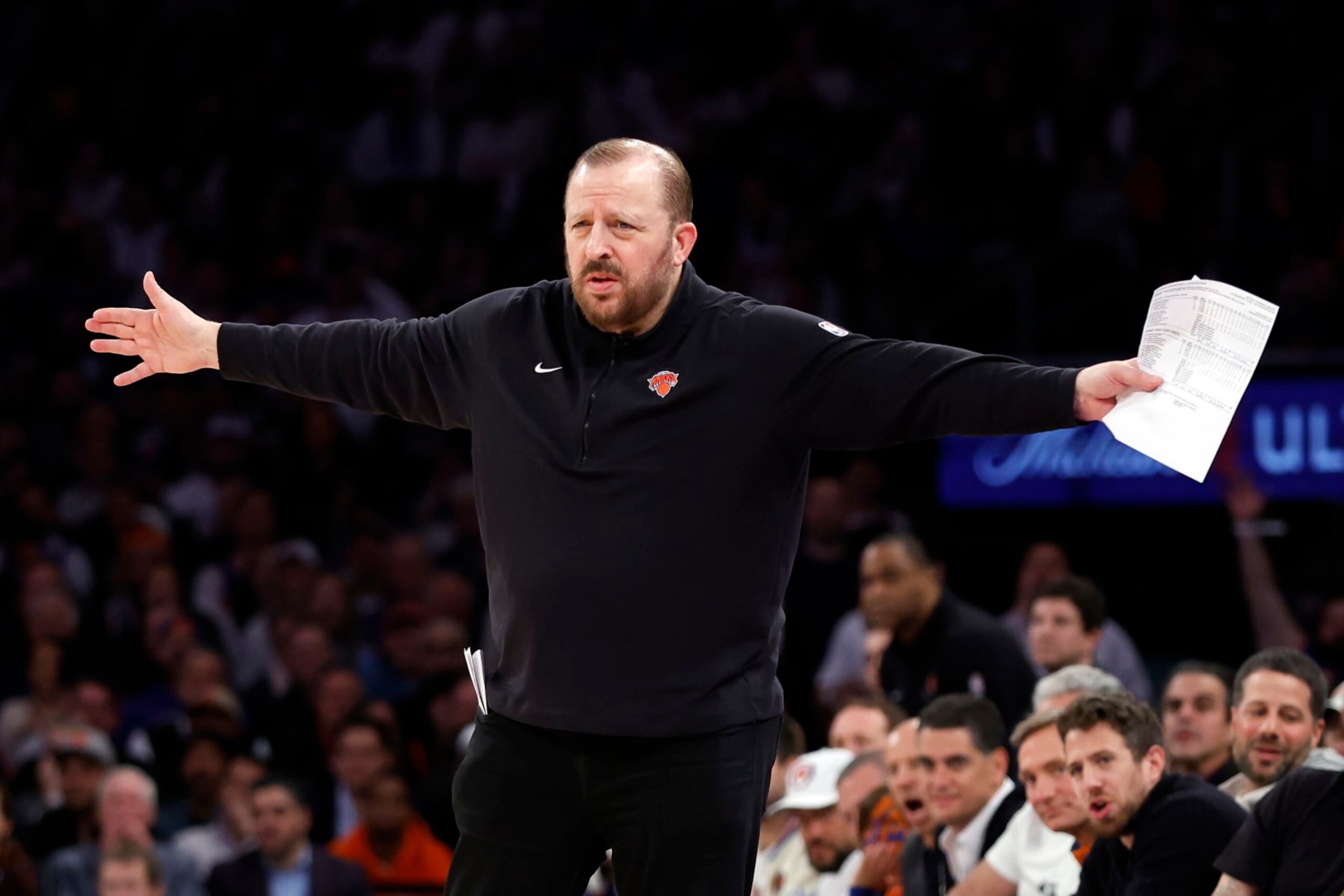 NEW YORK, NEW YORK - APRIL 22: Head coach Tom Thibodeau of the New York Knicks reacts during the first half against the Philadelphia 76ers in Game Two of the Eastern Conference First Round Playoffs at Madison Square Garden on April 22, 2024 in New York City. NOTE TO USER: User expressly acknowledges and agrees that, by downloading and or using this photograph, User is consenting to the terms and conditions of the Getty Images License Agreement. (Photo by Sarah Stier/Getty Images)