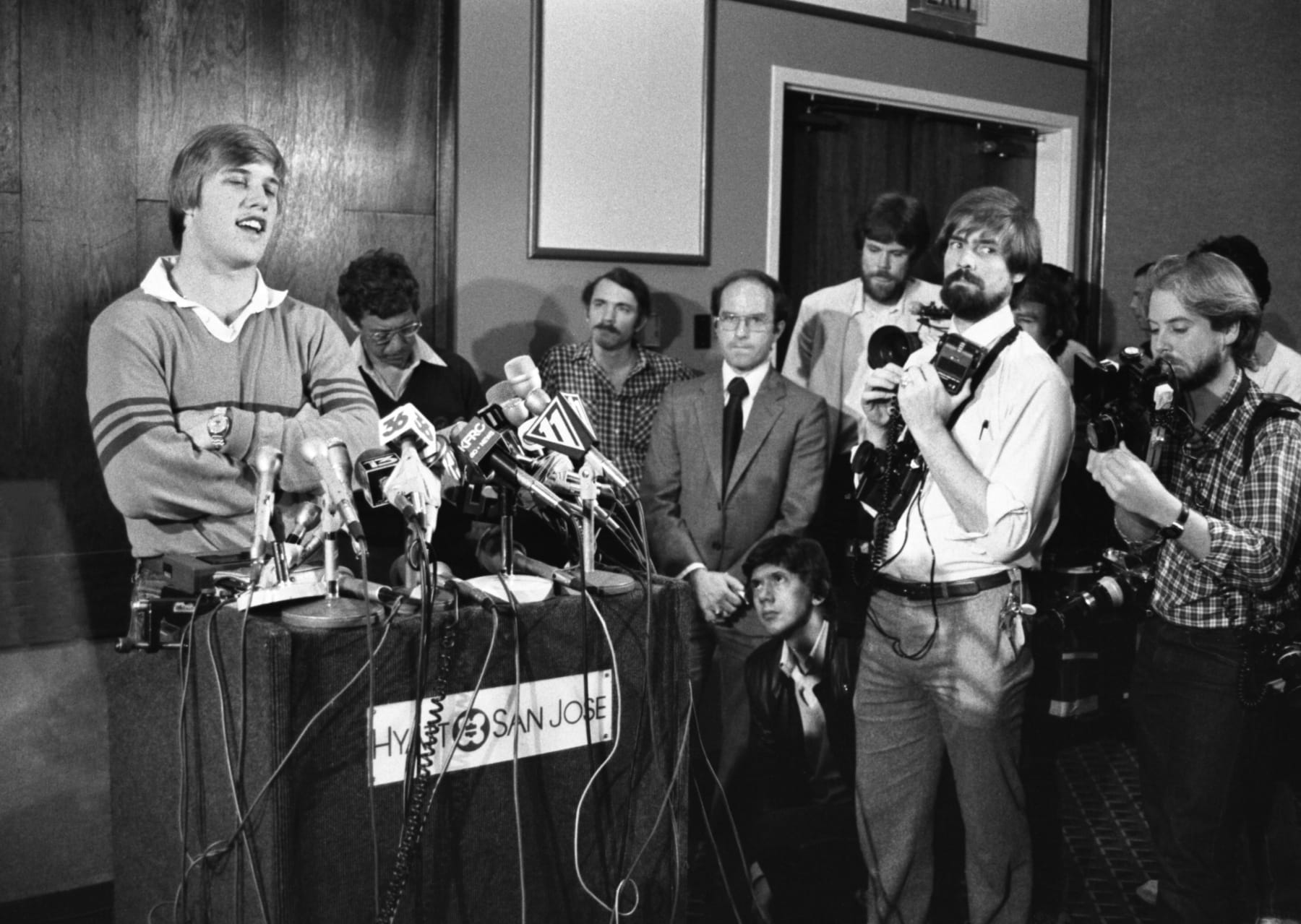 John Elway, Stanford's All America quarterback and the first player picked in the National Football League draft, told a news conference he has "agreed in principal" to a five-year contract with the New York Yankees.  Elway and his father Jack said they were thoroughly frustrated by how the NFL draft works, and they were especially disappointed in the Baltimore Colts.  (Photo by Bettmann Archive/Getty Images)