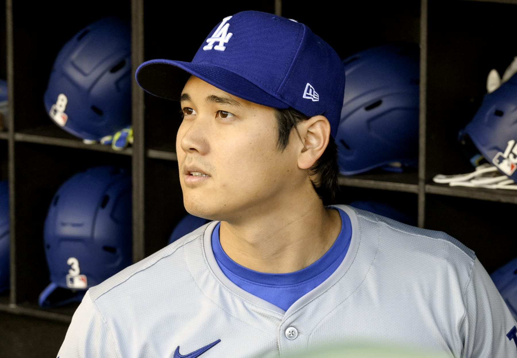 WASHINGTON, DC - April 23: Los Angeles Dodgers designated hitter Shohei Ohtani (17) stands in the dugout prior to the Los Angeles Dodgers versus the Washington Nationals on April 23, 2024 at Nationals Park in Washington, D.C.  (Photo by Mark Goldman/Icon Sportswire via Getty Images)