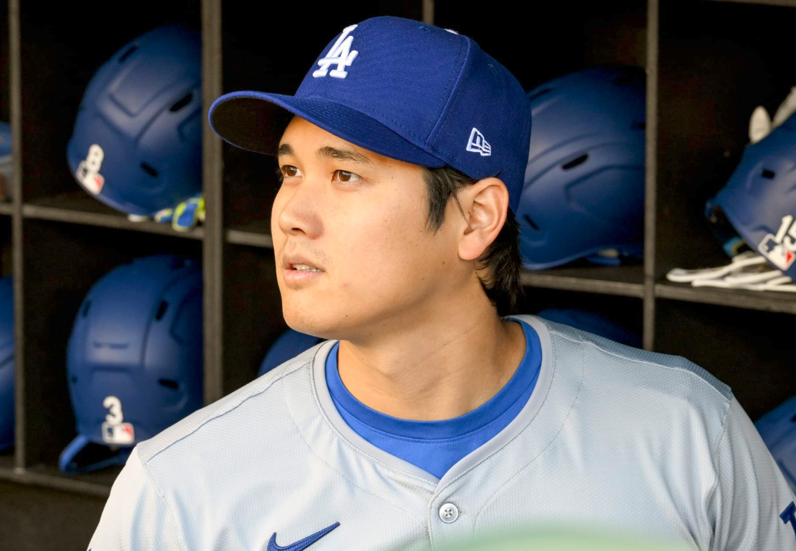 WASHINGTON, DC - April 23: Los Angeles Dodgers designated hitter Shohei Ohtani (17) stands in the dugout prior to the Los Angeles Dodgers versus the Washington Nationals on April 23, 2024 at Nationals Park in Washington, D.C.  (Photo by Mark Goldman/Icon Sportswire via Getty Images)