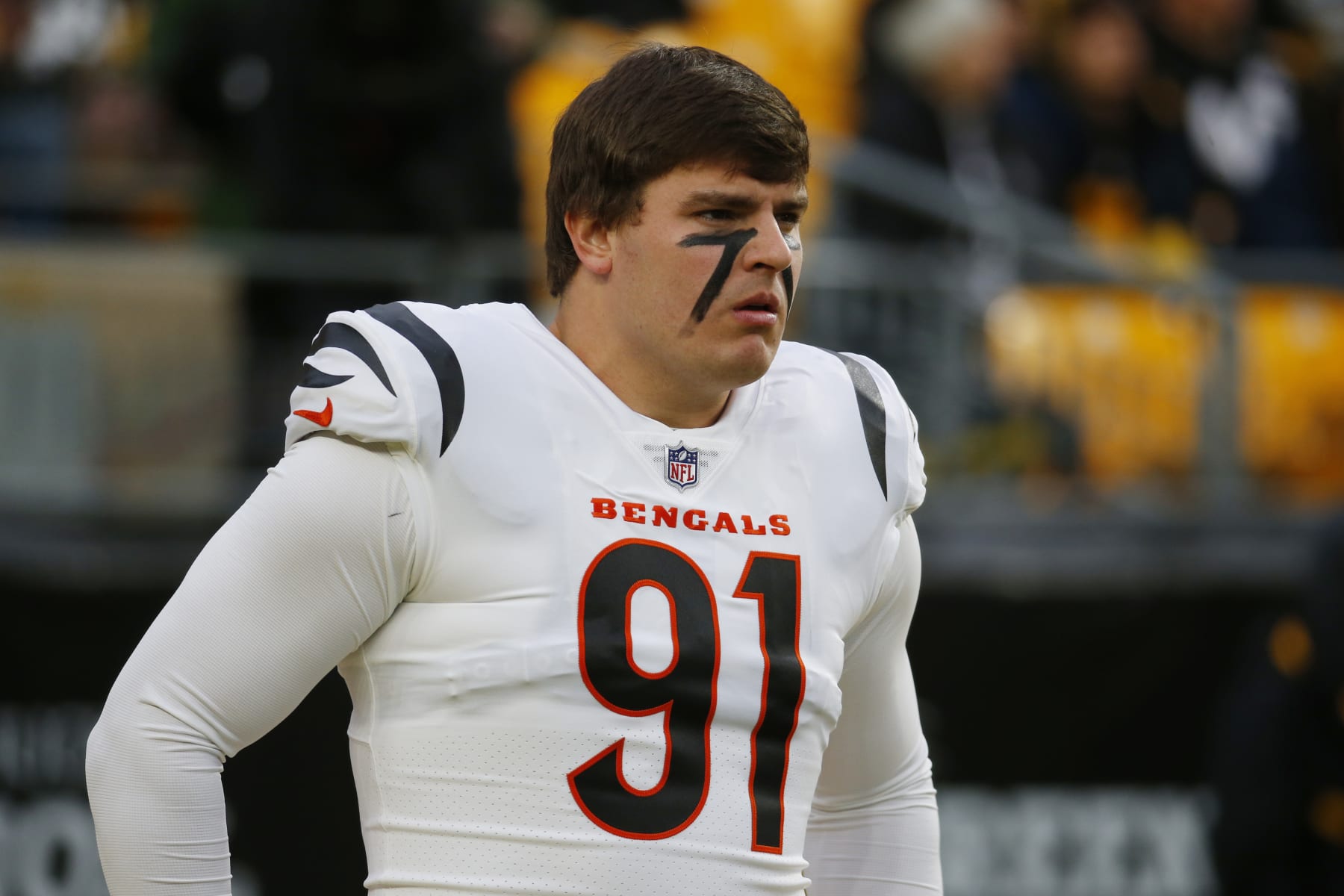 PITTSBURGH, PENNSYLVANIA - DECEMBER 23: Trey Hendrickson #91 of the Cincinnati Bengals looks on prior to a game against the Pittsburgh Steelers at Acrisure Stadium on December 23, 2023 in Pittsburgh, Pennsylvania. (Photo by Justin K. Aller/Getty Images)