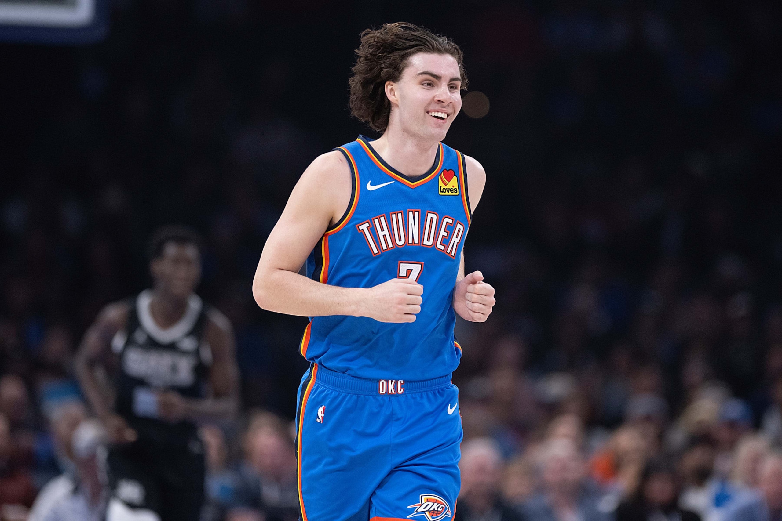 OKLAHOMA CITY, OKLAHOMA - APRIL 10: Josh Giddey #3 of the Oklahoma City Thunder smiles as he runs up court during the first half against the San Antonio Spurs at Paycom Center on April 10, 2024 in Oklahoma City, Oklahoma. NOTE TO USER: User expressly acknowledges and agrees that, by downloading and or using this Photograph, user is consenting to the terms and conditions of the Getty Images License Agreement. (Photo by Joshua Gateley/Getty Images)