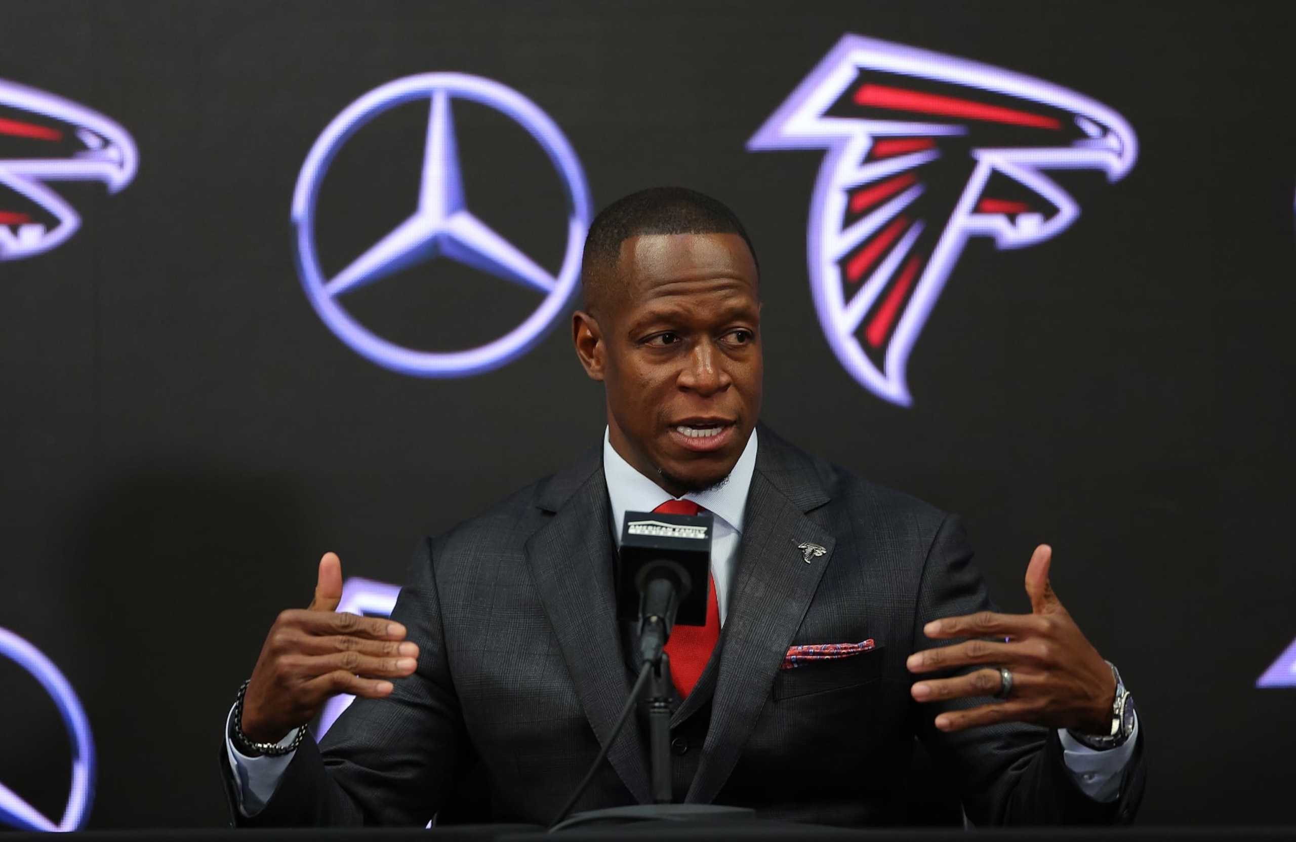ATLANTA, GEORGIA - FEBRUARY 05: Raheem Morris speaks to the media after being introduced as the head coach of the Atlanta Falcons at Mercedes-Benz Stadium on February 05, 2024 in Atlanta, Georgia. (Photo by Kevin C. Cox/Getty Images) ATLANTA, GEORGIA - FEBRUARY 05: Raheem Morris speaks to the media after being introduced as the head coach of the Atlanta Falcons at Mercedes-Benz Stadium on February 05, 2024 in Atlanta, Georgia. (Photo by Kevin C. Cox/Getty Images)