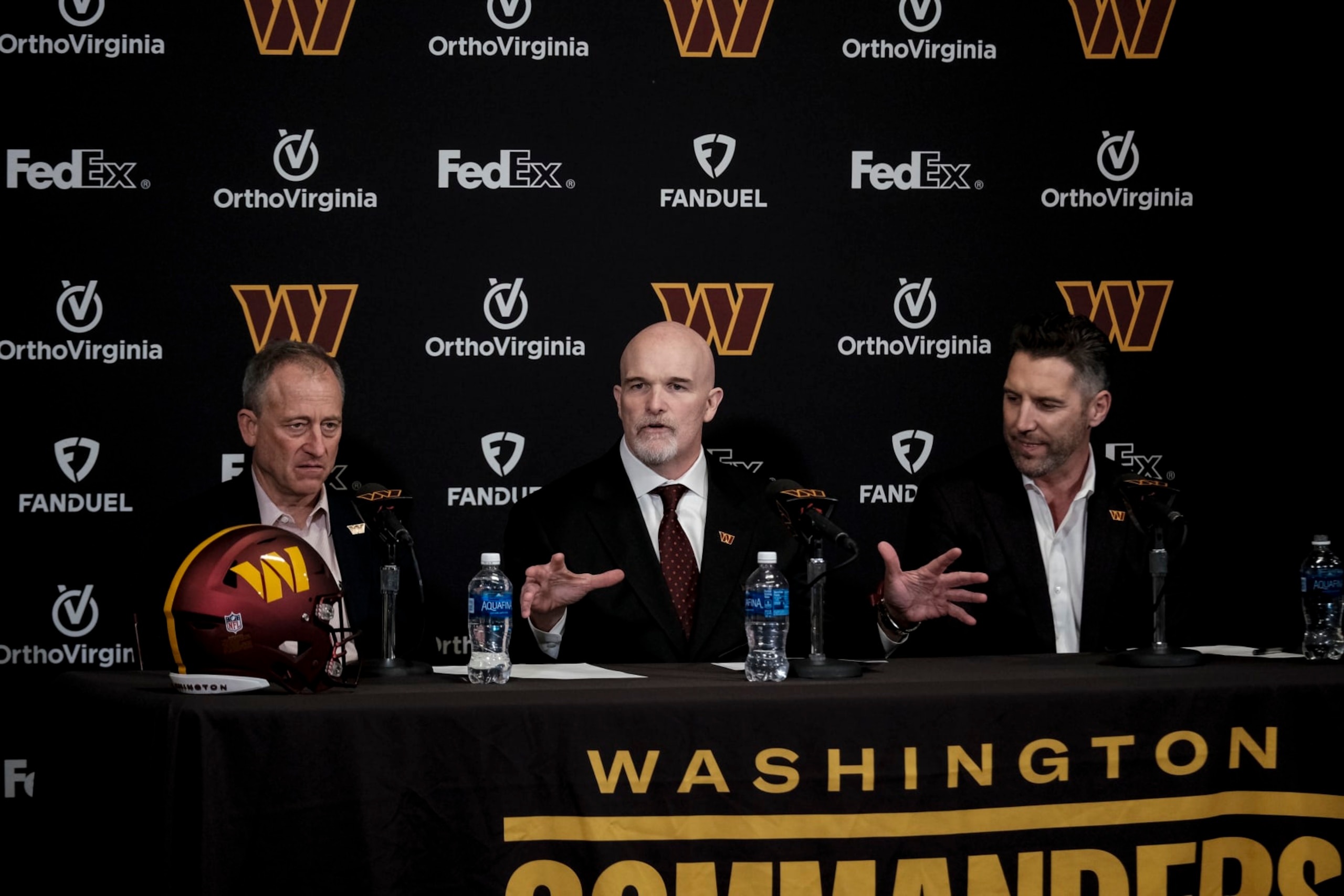 ASHBURN, VA FEBRUARY 28: Dan Quinn speaks at a press conference at Commanders Park in Ashburn, VA on February 5, 2024. The Commanders announced that former Dallas Cowboy Defensive Coordinatior Mike Quinn as the new Head Coach of the Washington Commanders. (Photo by Michael A. McCoy /For The Washington Post via Getty Images) ASHBURN, VA FEBRUARY 28: Dan Quinn speaks at a press conference at Commanders Park in Ashburn, VA on February 5, 2024. The Commanders announced that former Dallas Cowboy Defensive Coordinatior Mike Quinn as the new Head Coach of the Washington Commanders. (Photo by Michael A. McCoy /For The Washington Post via Getty Images)
