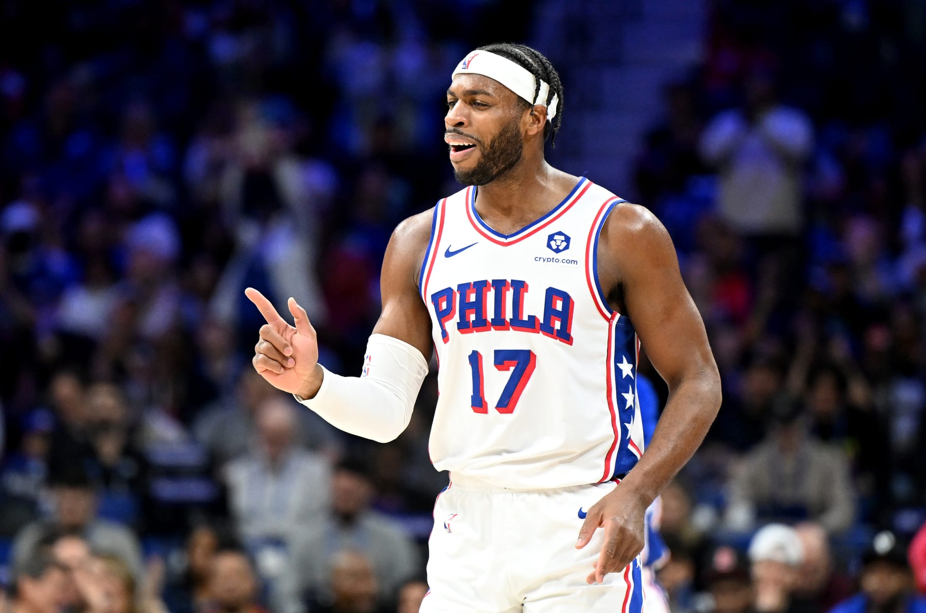 PHILADELPHIA, PENNSYLVANIA - APRIL 14: Buddy Hield #17 of the Philadelphia 76ers celebrates during the game against the Brooklyn Nets at the Wells Fargo Center on April 14, 2024 in Philadelphia, Pennsylvania.  NOTE TO USER: User expressly acknowledges and agrees that, by downloading and or using this photograph, User is consenting to the terms and conditions of the Getty Images License Agreement. (Photo by G Fiume/Getty Images)