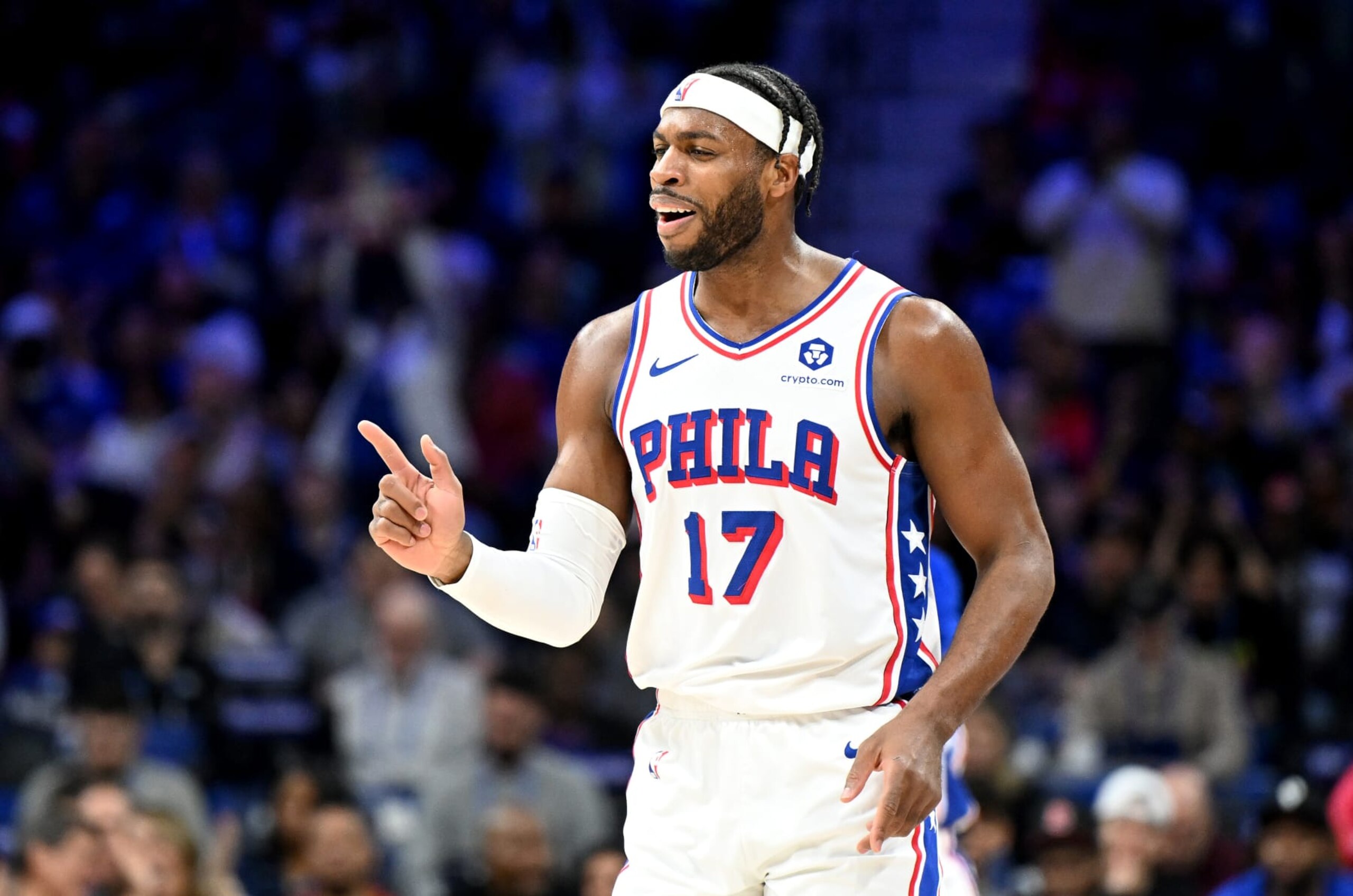 PHILADELPHIA, PENNSYLVANIA - APRIL 14: Buddy Hield #17 of the Philadelphia 76ers celebrates during the game against the Brooklyn Nets at the Wells Fargo Center on April 14, 2024 in Philadelphia, Pennsylvania.  NOTE TO USER: User expressly acknowledges and agrees that, by downloading and or using this photograph, User is consenting to the terms and conditions of the Getty Images License Agreement. (Photo by G Fiume/Getty Images)