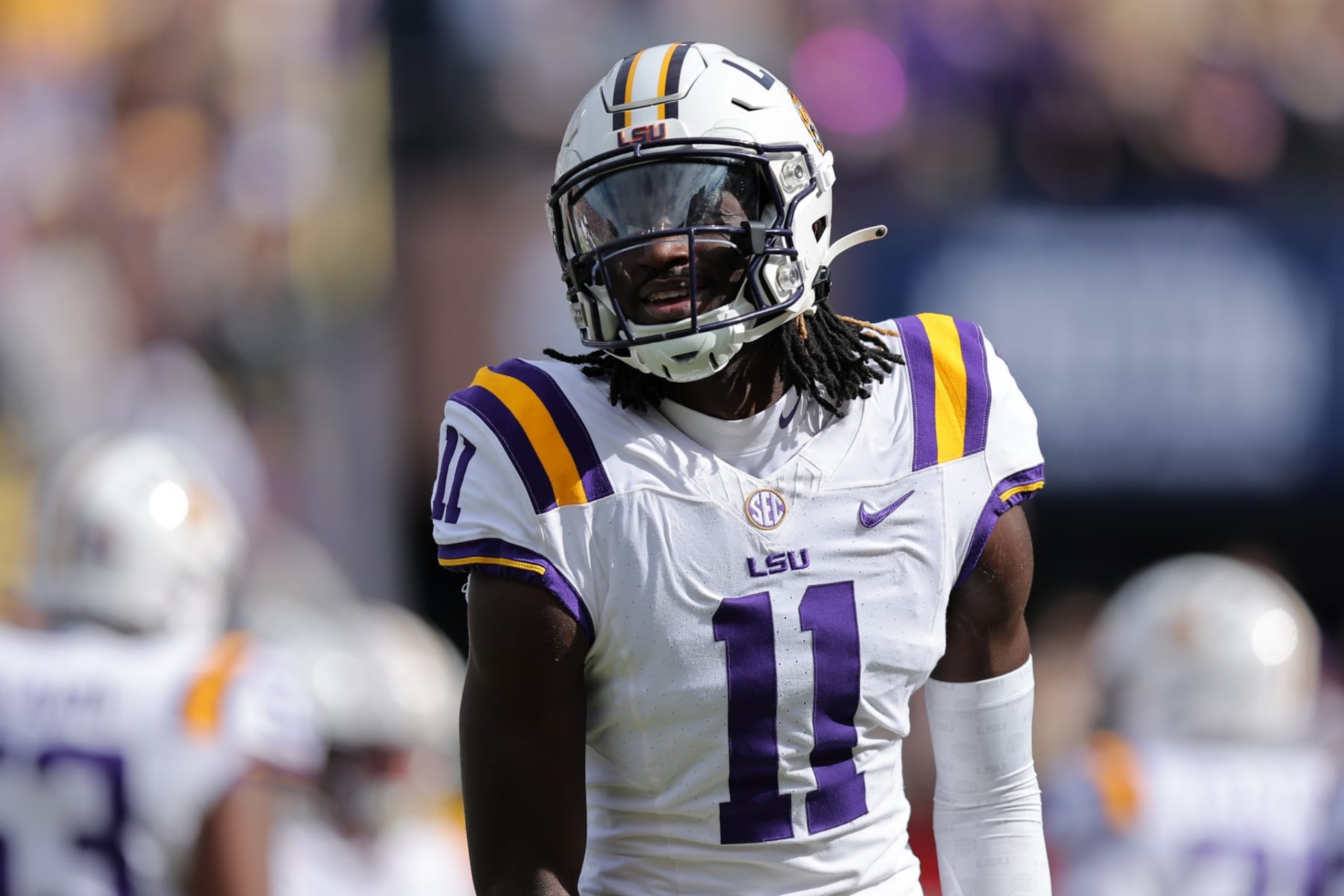 BATON ROUGE, LOUISIANA - NOVEMBER 25: Brian Thomas Jr. #11 of the LSU Tigers reacts against the Texas A&M Aggies during a game at Tiger Stadium on November 25, 2023 in Baton Rouge, Louisiana. (Photo by Jonathan Bachman/Getty Images) BATON ROUGE, LOUISIANA - NOVEMBER 25: Brian Thomas Jr. #11 of the LSU Tigers reacts against the Texas A&M Aggies during a game at Tiger Stadium on November 25, 2023 in Baton Rouge, Louisiana. (Photo by Jonathan Bachman/Getty Images)