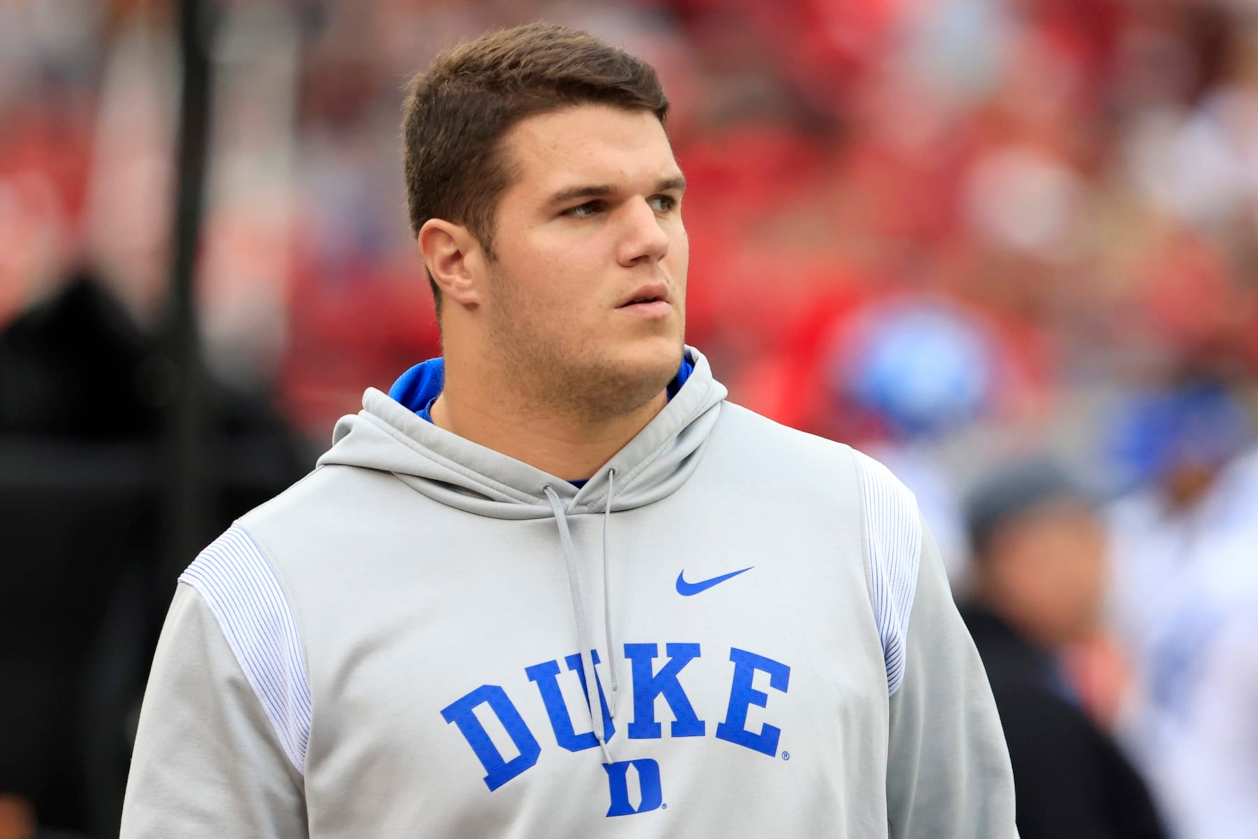 LOUISVILLE, KENTUCKY - OCTOBER 28: Graham Barton #62 of the Duke Blue Devils walks the sidelines in the game against the Louisville Cardinals at Cardinal Stadium on October 28, 2023 in Louisville, Kentucky. (Photo by Justin Casterline/Getty Images) LOUISVILLE, KENTUCKY - OCTOBER 28: Graham Barton #62 of the Duke Blue Devils walks the sidelines in the game against the Louisville Cardinals at Cardinal Stadium on October 28, 2023 in Louisville, Kentucky. (Photo by Justin Casterline/Getty Images)