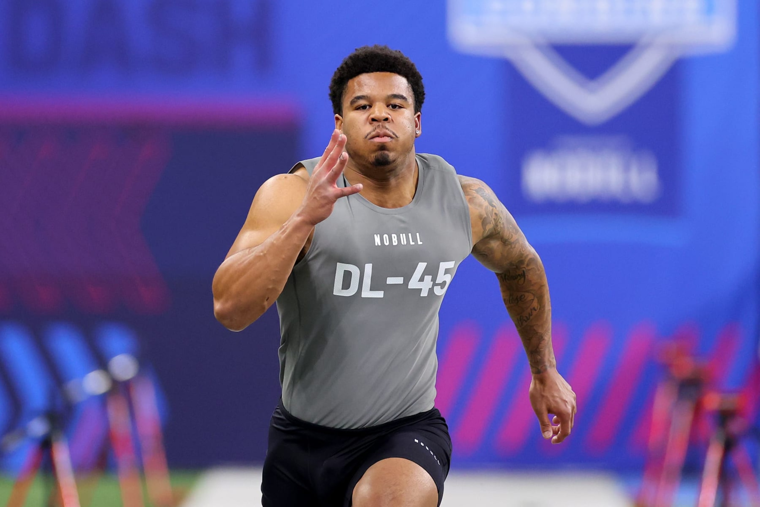 INDIANAPOLIS, INDIANA - FEBRUARY 29: Chop Robinson #DL45 of Penn State participates in the 40-yard dash during the NFL Combine at Lucas Oil Stadium on February 29, 2024 in Indianapolis, Indiana. (Photo by Stacy Revere/Getty Images) INDIANAPOLIS, INDIANA - FEBRUARY 29: Chop Robinson #DL45 of Penn State participates in the 40-yard dash during the NFL Combine at Lucas Oil Stadium on February 29, 2024 in Indianapolis, Indiana. (Photo by Stacy Revere/Getty Images)