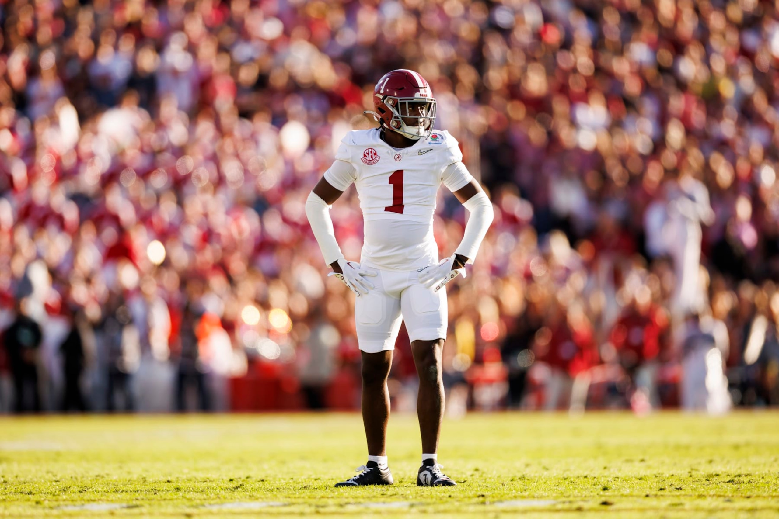 PASADENA, CALIFORNIA - JANUARY 01: Defensive back Kool-Aid McKinstry #1 of the Alabama Crimson Tide defends in coverage during the CFP Semifinal Rose Bowl Game against the Michigan Wolverines at Rose Bowl Stadium on January 1, 2024 in Pasadena, California. (Photo by Ryan Kang/Getty Images) PASADENA, CALIFORNIA - JANUARY 01: Defensive back Kool-Aid McKinstry #1 of the Alabama Crimson Tide defends in coverage during the CFP Semifinal Rose Bowl Game against the Michigan Wolverines at Rose Bowl Stadium on January 1, 2024 in Pasadena, California. (Photo by Ryan Kang/Getty Images)