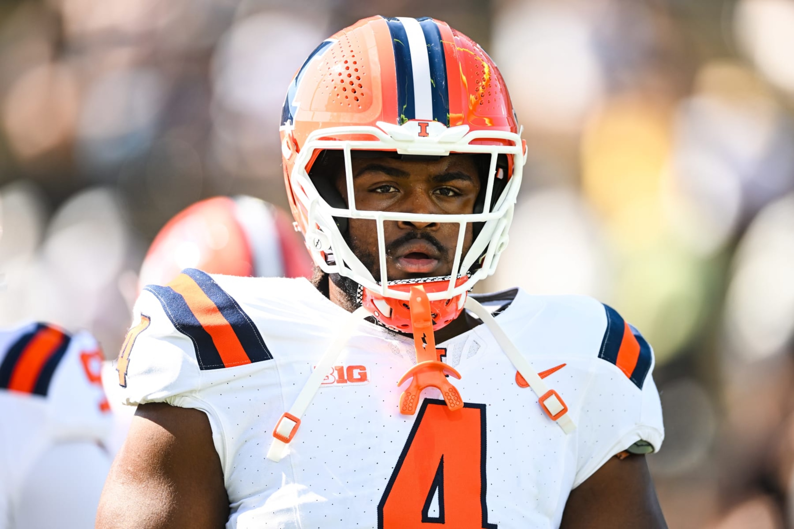 WEST LAFAYETTE, IN - SEPTEMBER 30: Illinois DT Jer'Zhan Newton (4) prior to a college football game between the Illinois Fighting Illini and Purdue Boilermakers on September 30, 2023 at Ross-Ade Stadium in West Lafayette, IN. (Photo by James Black/Icon Sportswire via Getty Images) WEST LAFAYETTE, IN - SEPTEMBER 30: Illinois DT Jer'Zhan Newton (4) prior to a college football game between the Illinois Fighting Illini and Purdue Boilermakers on September 30, 2023 at Ross-Ade Stadium in West Lafayette, IN. (Photo by James Black/Icon Sportswire via Getty Images)