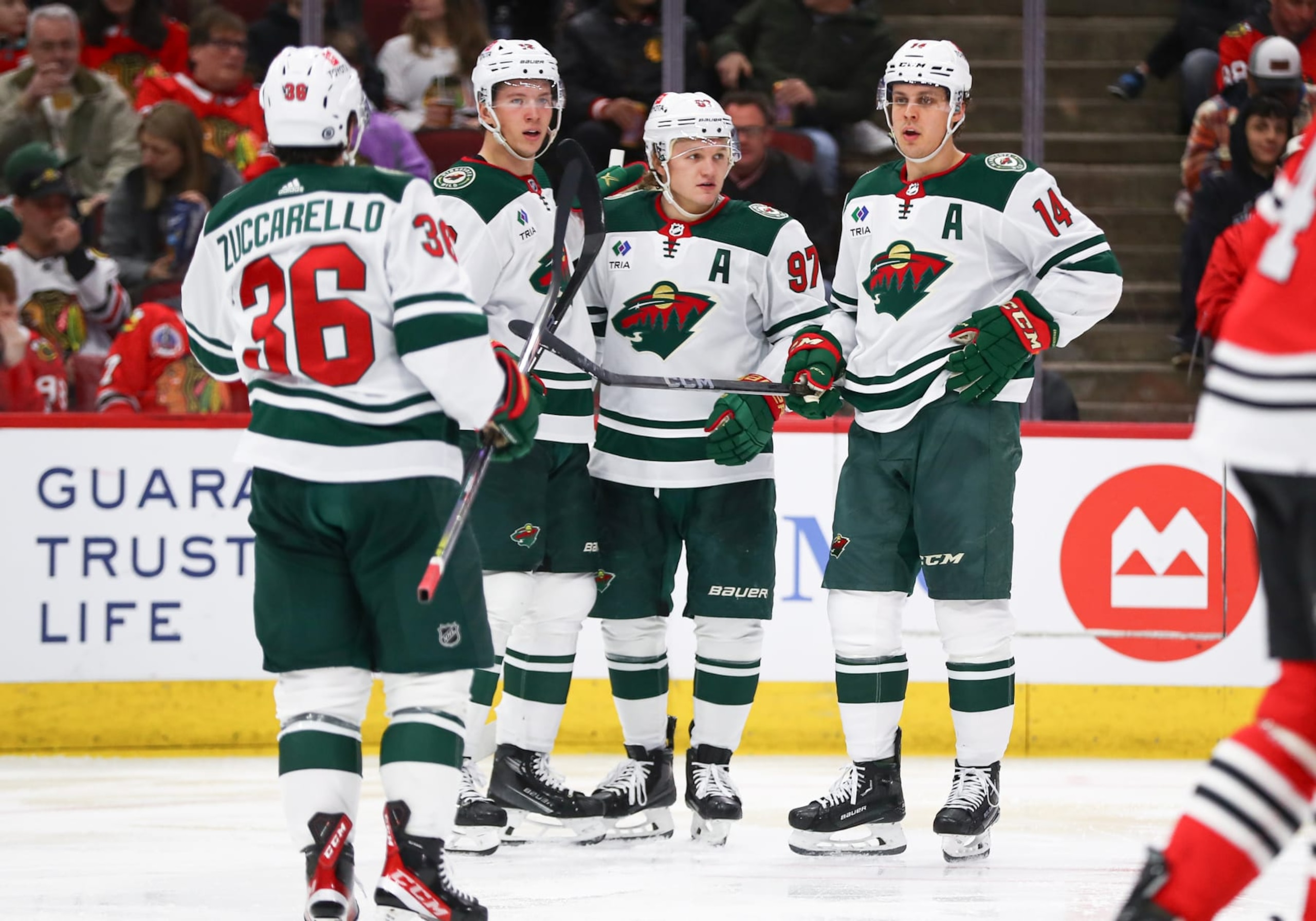 CHICAGO, IL - APRIL 07: Kirill Kaprizov #97 of the Minnesota Wild celebrates with teammates after scoring a goal during the second period against the Chicago Blackhawks at the United Center on April, 7, 2024 in Chicago, Illinois. (Photo by Melissa Tamez/Icon Sportswire via Getty Images)