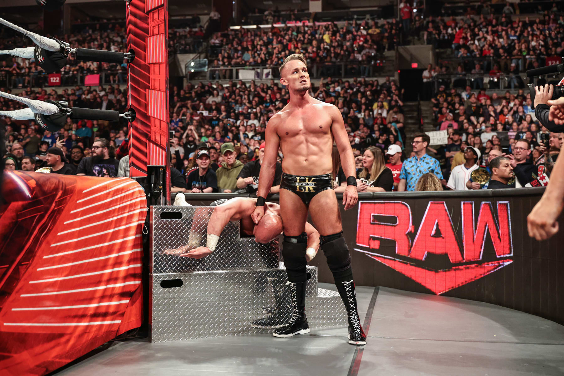COLUMBUS, OHIO - APRIL 22: Ludwig Kaiser betrays Giovanni Vinci during Monday Night RAW at Jerome Schottenstein Center on April 22, 2024 in Columbus, Ohio.  (Photo by WWE/Getty Images)