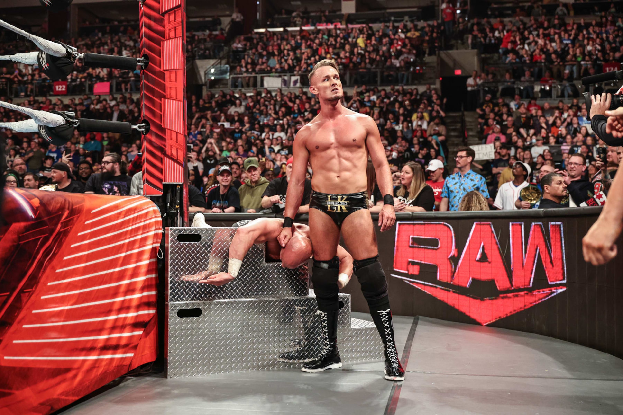 COLUMBUS, OHIO - APRIL 22: Ludwig Kaiser betrays Giovanni Vinci during Monday Night RAW at Jerome Schottenstein Center on April 22, 2024 in Columbus, Ohio.  (Photo by WWE/Getty Images)