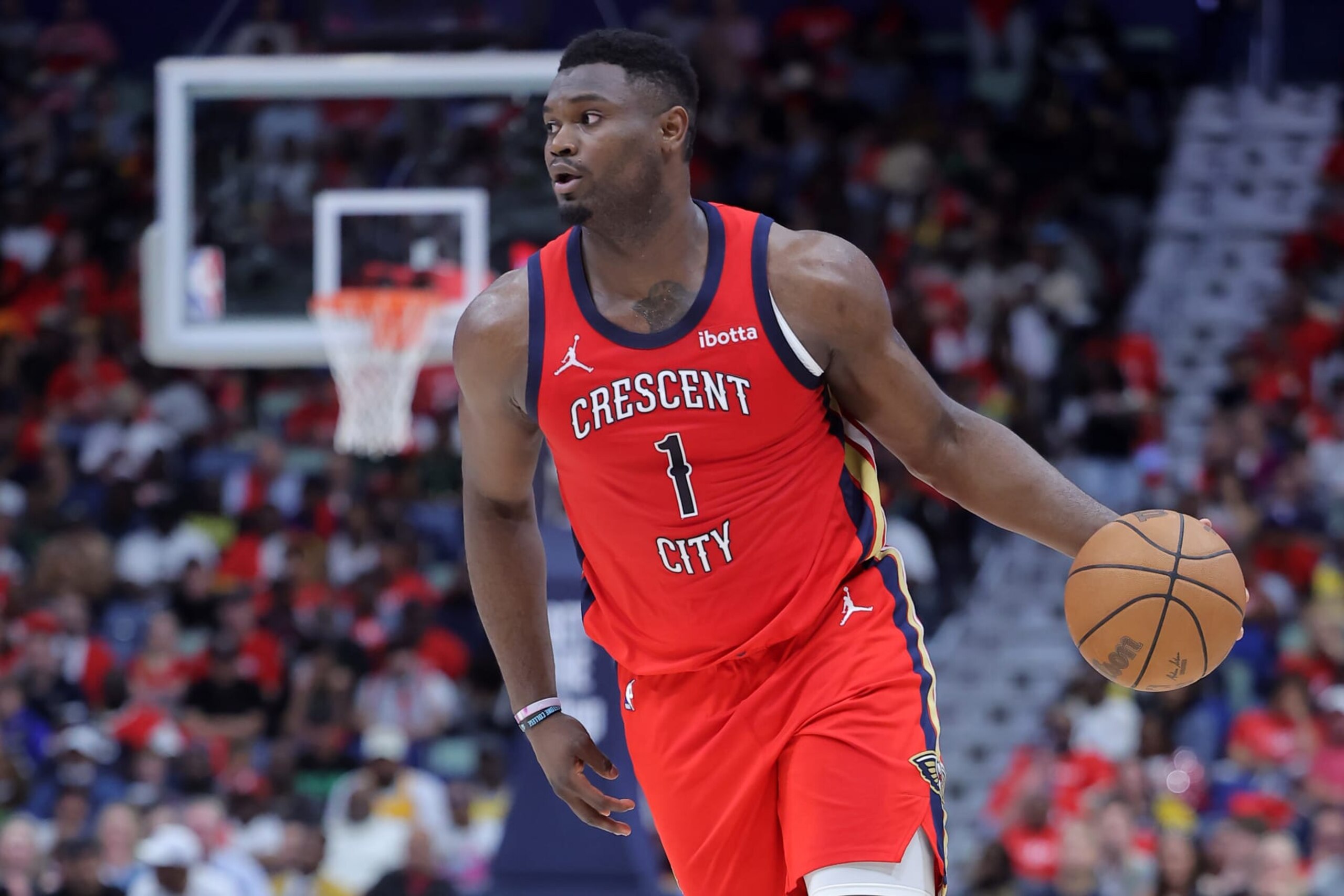 NEW ORLEANS, LOUISIANA - APRIL 16: Zion Williamson #1 of the New Orleans Pelicans drives with the ball against the Los Angeles Lakers during a play-in tournament game at the Smoothie King Center on April 16, 2024 in New Orleans, Louisiana. NOTE TO USER: User expressly acknowledges and agrees that, by downloading and or using this Photograph, user is consenting to the terms and conditions of the Getty Images License Agreement. (Photo by Jonathan Bachman/Getty Images) NEW ORLEANS, LOUISIANA - APRIL 16: Zion Williamson #1 of the New Orleans Pelicans drives with the ball against the Los Angeles Lakers during a play-in tournament game at the Smoothie King Center on April 16, 2024 in New Orleans, Louisiana. NOTE TO USER: User expressly acknowledges and agrees that, by downloading and or using this Photograph, user is consenting to the terms and conditions of the Getty Images License Agreement. (Photo by Jonathan Bachman/Getty Images)