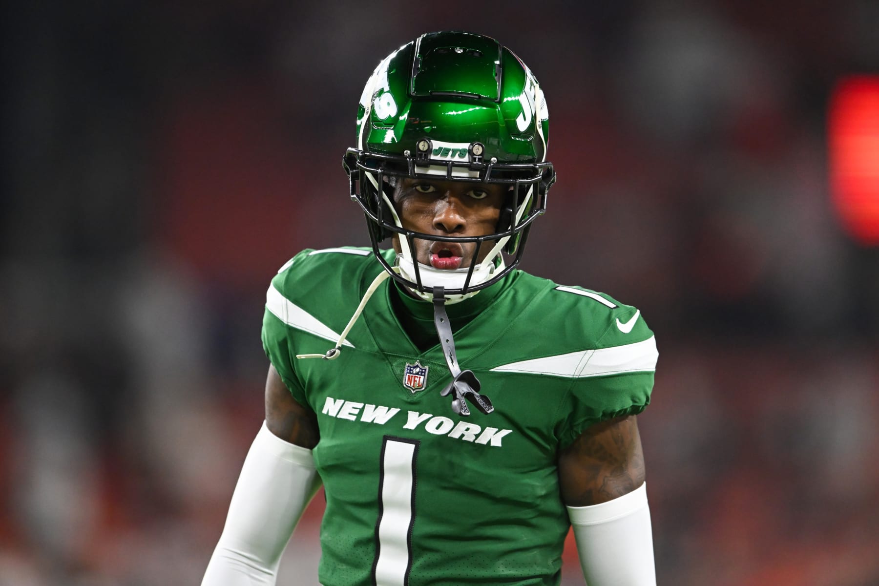 CLEVELAND, OHIO - DECEMBER 28: Sauce Gardner #1 of the New York Jets looks on prior to a game against the Cleveland Browns at Cleveland Browns Stadium on December 28, 2023 in Cleveland, Ohio. (Photo by Nick Cammett/Diamond Images via Getty Images)