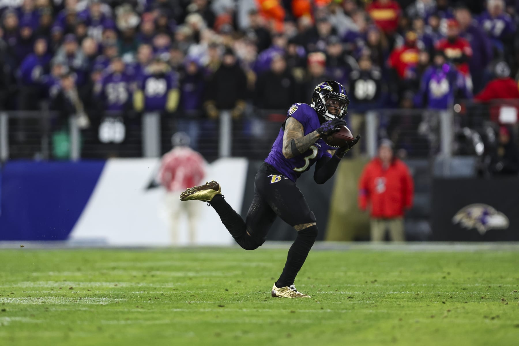 BALTIMORE, MD - JANUARY 28: Odell Beckham Jr. #3 of the Baltimore Ravens makes a catch during the AFC Championship NFL football game against the Kansas City Chiefs at M&T Bank Stadium on January 28, 2024 in Baltimore, Maryland. (Photo by Perry Knotts/Getty Images)