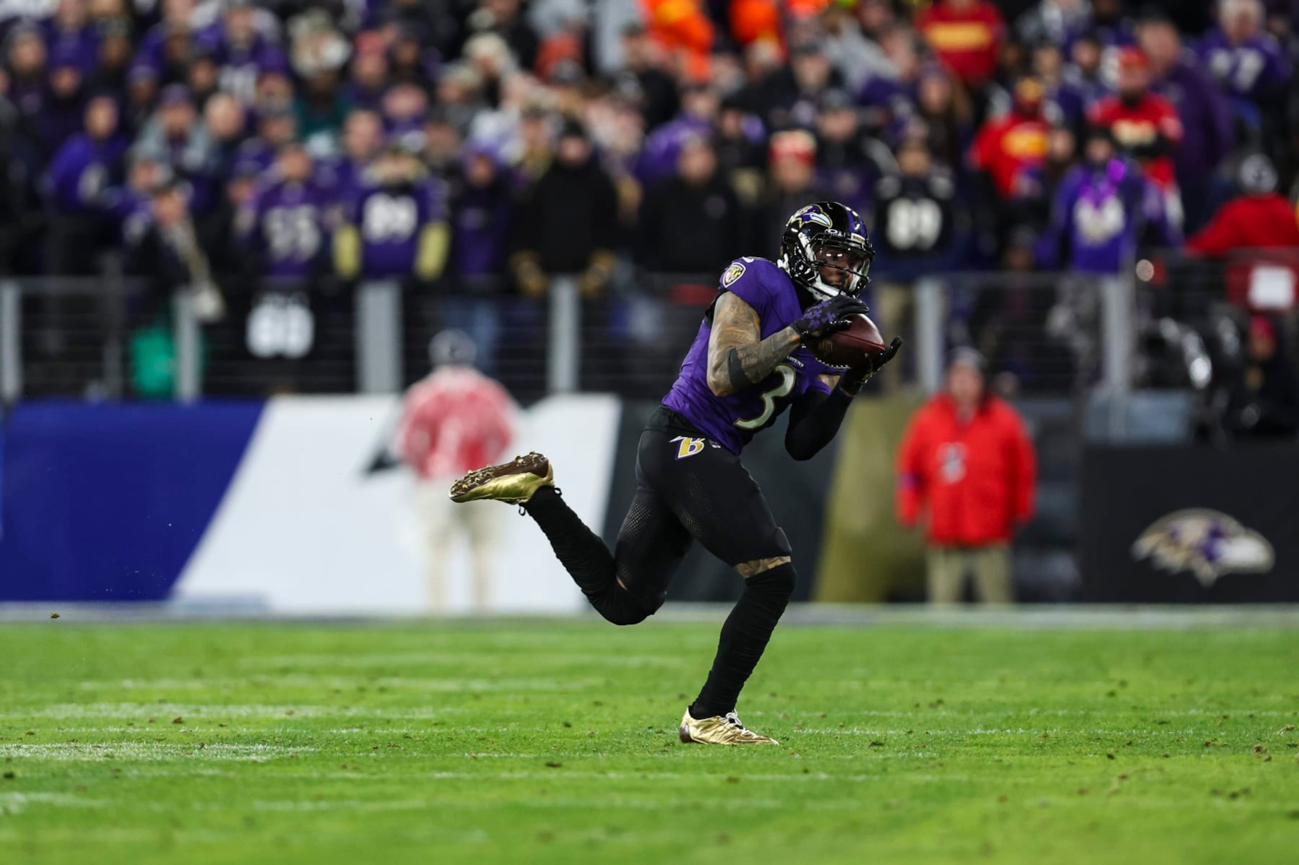BALTIMORE, MD - JANUARY 28: Odell Beckham Jr. #3 of the Baltimore Ravens makes a catch during the AFC Championship NFL football game against the Kansas City Chiefs at M&T Bank Stadium on January 28, 2024 in Baltimore, Maryland. (Photo by Perry Knotts/Getty Images)