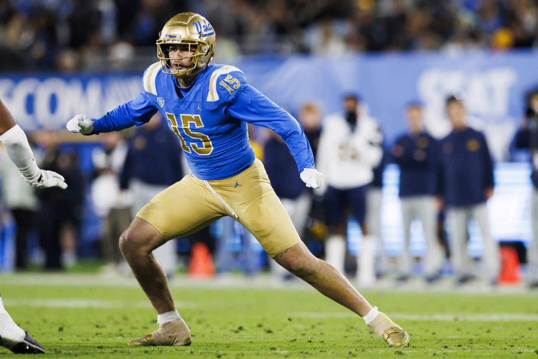 PASADENA, CA - NOVEMBER 25: UCLA Bruins defensive lineman Laiatu Latu (15) rushes the edge during a college football game against Cal Golden Bears on November 25, 2023 at Rose Bowl Stadium in Pasadena, CA. (Photo by Ric Tapia/Icon Sportswire via Getty Images)