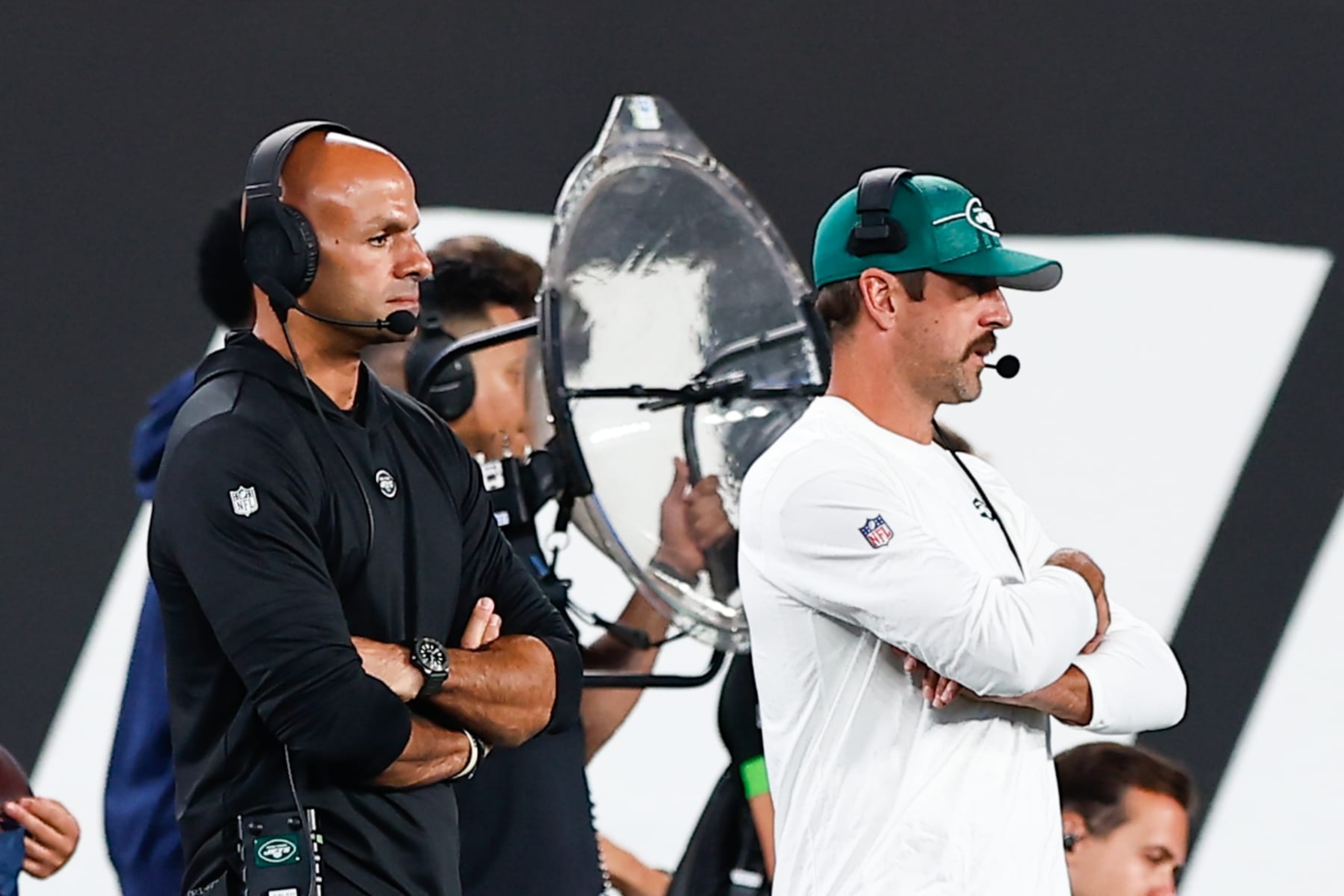 EAST RUTHERFORD, NJ - AUGUST 19: Robert Saleh of the New York Jets and Aaron Rodgers #8 during the Preseason game against the Tampa Bay Buccaneers on August 19, 2023 at MetLife Stadium in East Rutherford, New Jersey. (Photo by Rich Graessle/Icon Sportswire via Getty Images) EAST RUTHERFORD, NJ - AUGUST 19: Robert Saleh of the New York Jets and Aaron Rodgers #8 during the Preseason game against the Tampa Bay Buccaneers on August 19, 2023 at MetLife Stadium in East Rutherford, New Jersey. (Photo by Rich Graessle/Icon Sportswire via Getty Images)