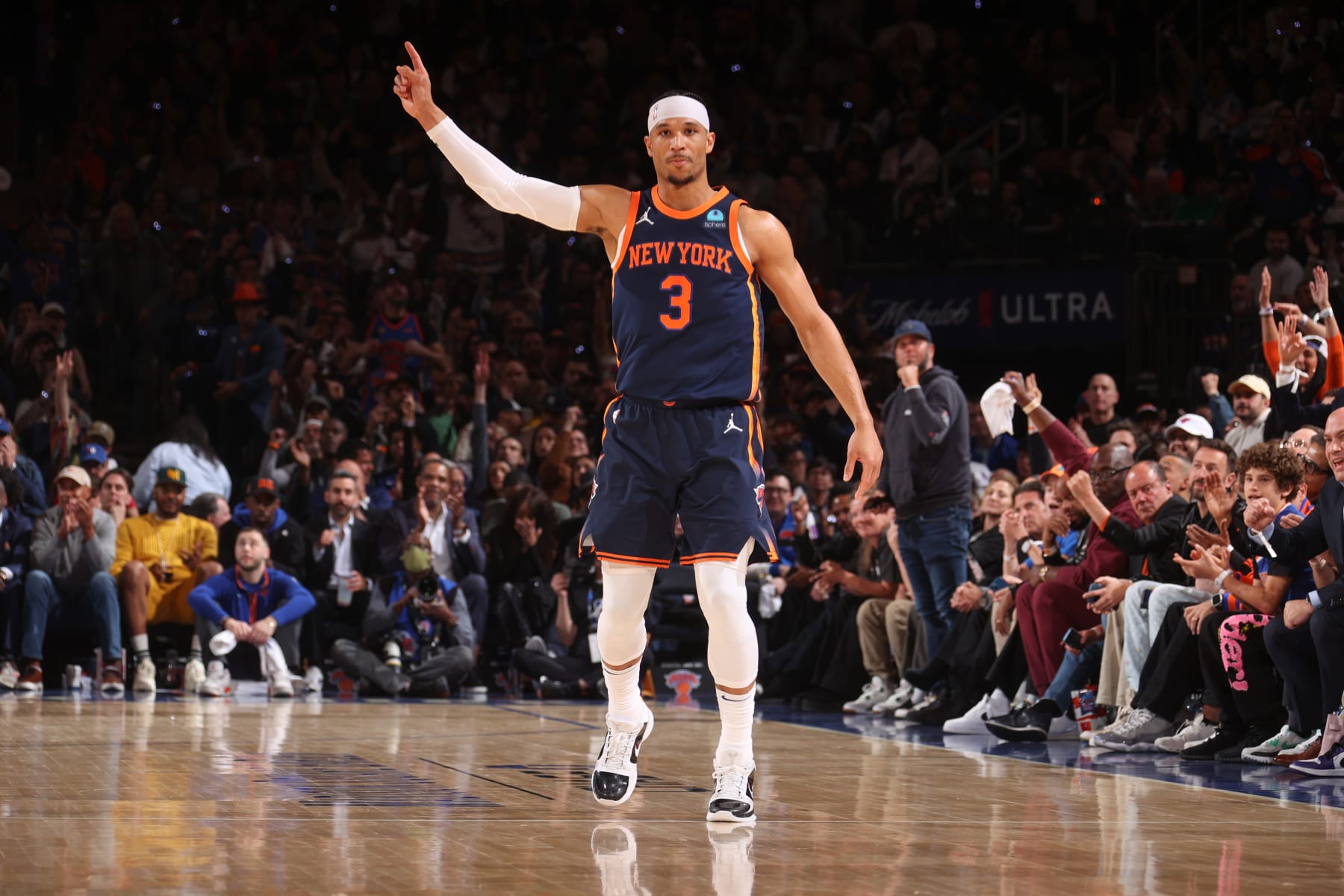 NEW YORK, NY - APRIL 22:  Josh Hart #3 of the New York Knicks looks on during the game against the Philadelphia 76ers during Round 1 Game 2 of the 2024 NBA Playoffs on April 22, 2024 at Madison Square Garden in New York City, New York.  NOTE TO USER: User expressly acknowledges and agrees that, by downloading and or using this photograph, User is consenting to the terms and conditions of the Getty Images License Agreement. Mandatory Copyright Notice: Copyright 2024 NBAE  (Photo by Nathaniel S. Butler/NBAE via Getty Images)