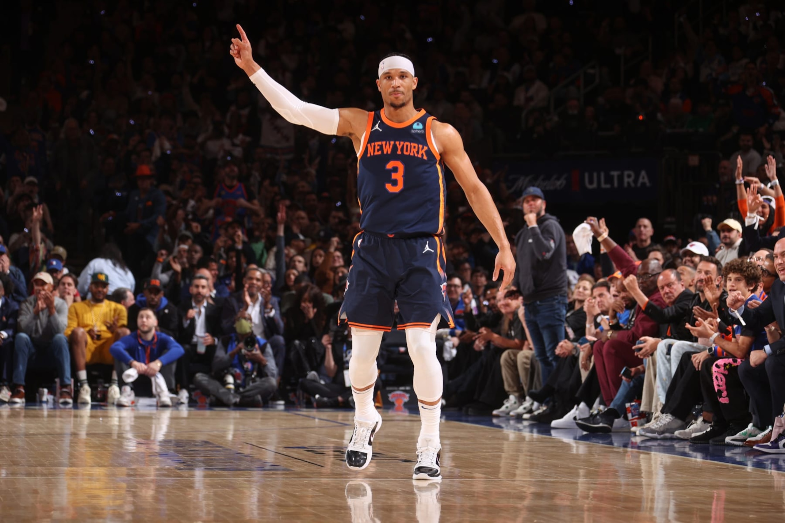 NEW YORK, NY - APRIL 22:  Josh Hart #3 of the New York Knicks looks on during the game against the Philadelphia 76ers during Round 1 Game 2 of the 2024 NBA Playoffs on April 22, 2024 at Madison Square Garden in New York City, New York.  NOTE TO USER: User expressly acknowledges and agrees that, by downloading and or using this photograph, User is consenting to the terms and conditions of the Getty Images License Agreement. Mandatory Copyright Notice: Copyright 2024 NBAE  (Photo by Nathaniel S. Butler/NBAE via Getty Images)